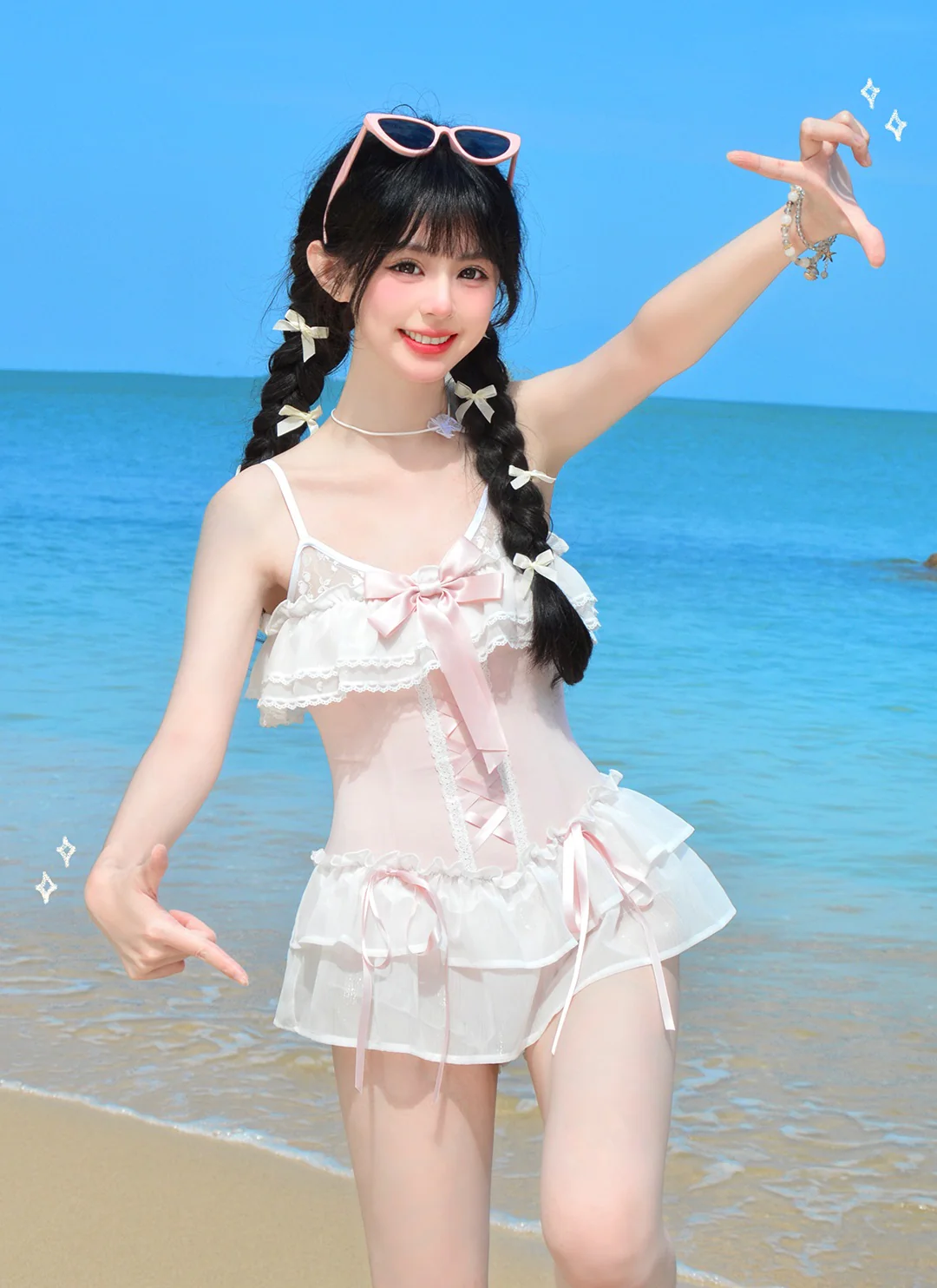 Satin Waltz Pink White Onepiece Swimsuit - Image 2