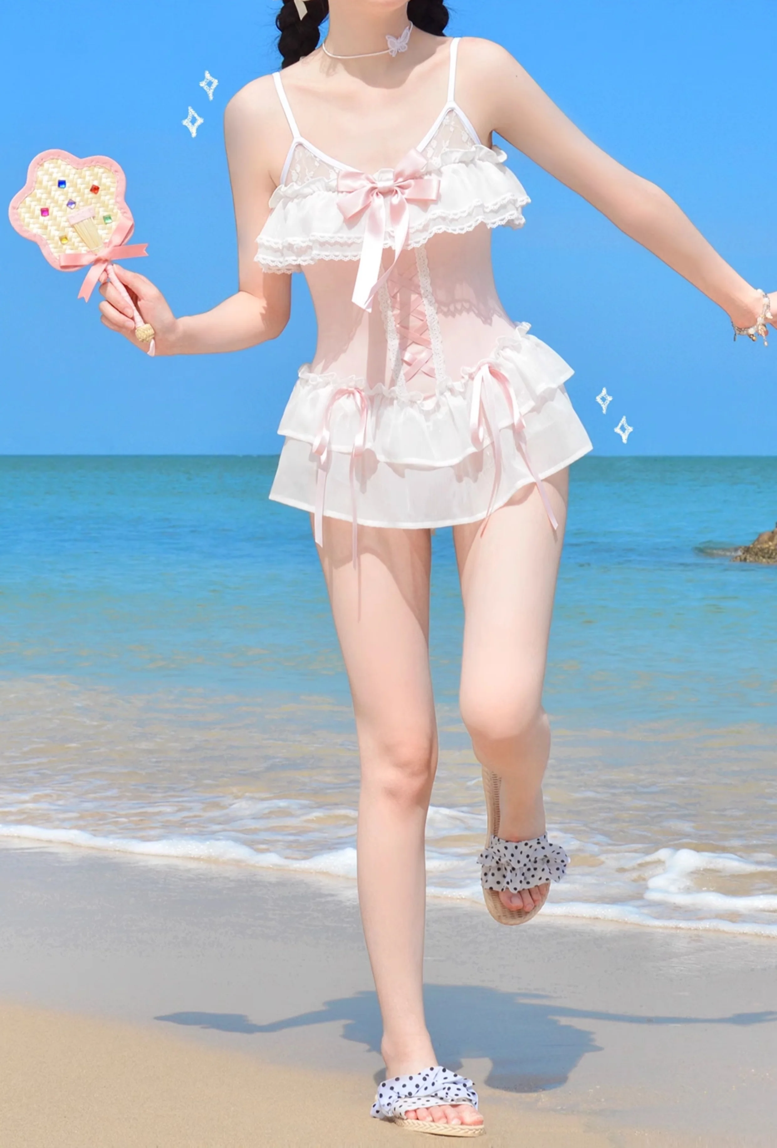 Satin Waltz Pink White Onepiece Swimsuit - Image 4