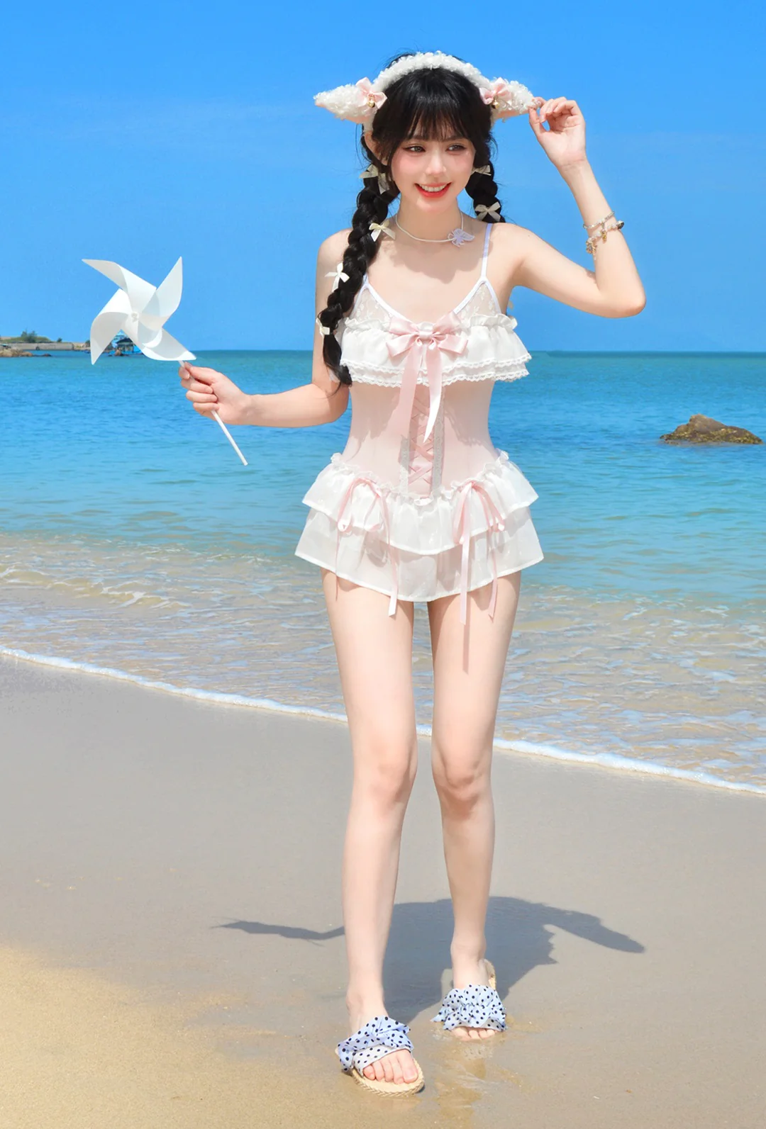 Satin Waltz Pink White Onepiece Swimsuit - Image 5