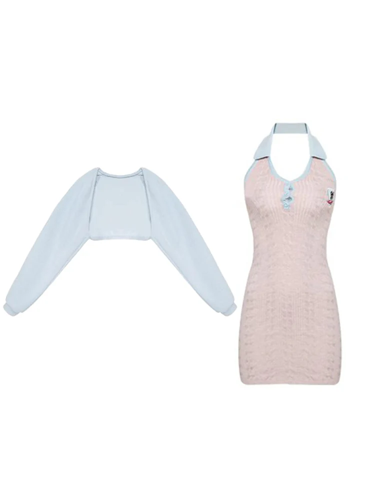 Serendipity Autumn Baby Blue Cardigan & Bear Knit Pink Bodycon Dress Two Piece Set - Image 2