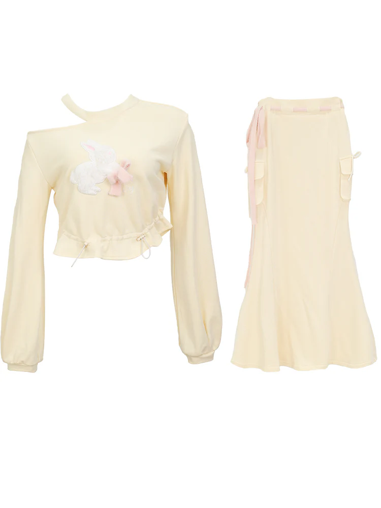 Serendipity Autumn Butter Yellow Rabbit Sweater Shirt & Long Skirt Two Piece Set - Image 2