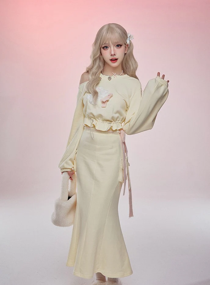 Serendipity Autumn Butter Yellow Rabbit Sweater Shirt & Long Skirt Two Piece Set - Image 3