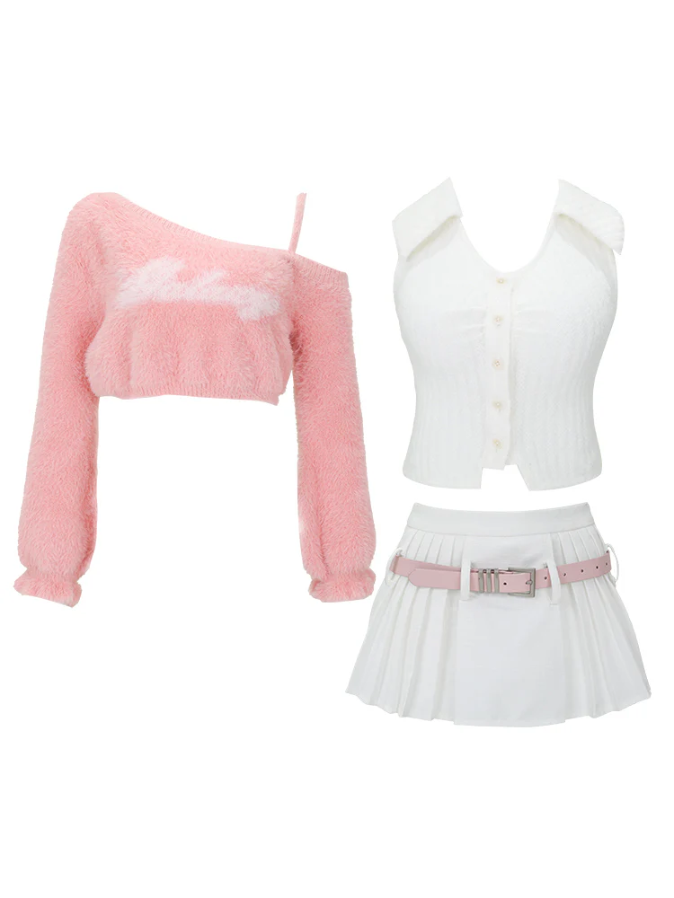 Serendipity Autumn Ice Cream Berry Fuzzy Pink Sweater & White Top & Pleated Skirt Three Piece Set - Image 2