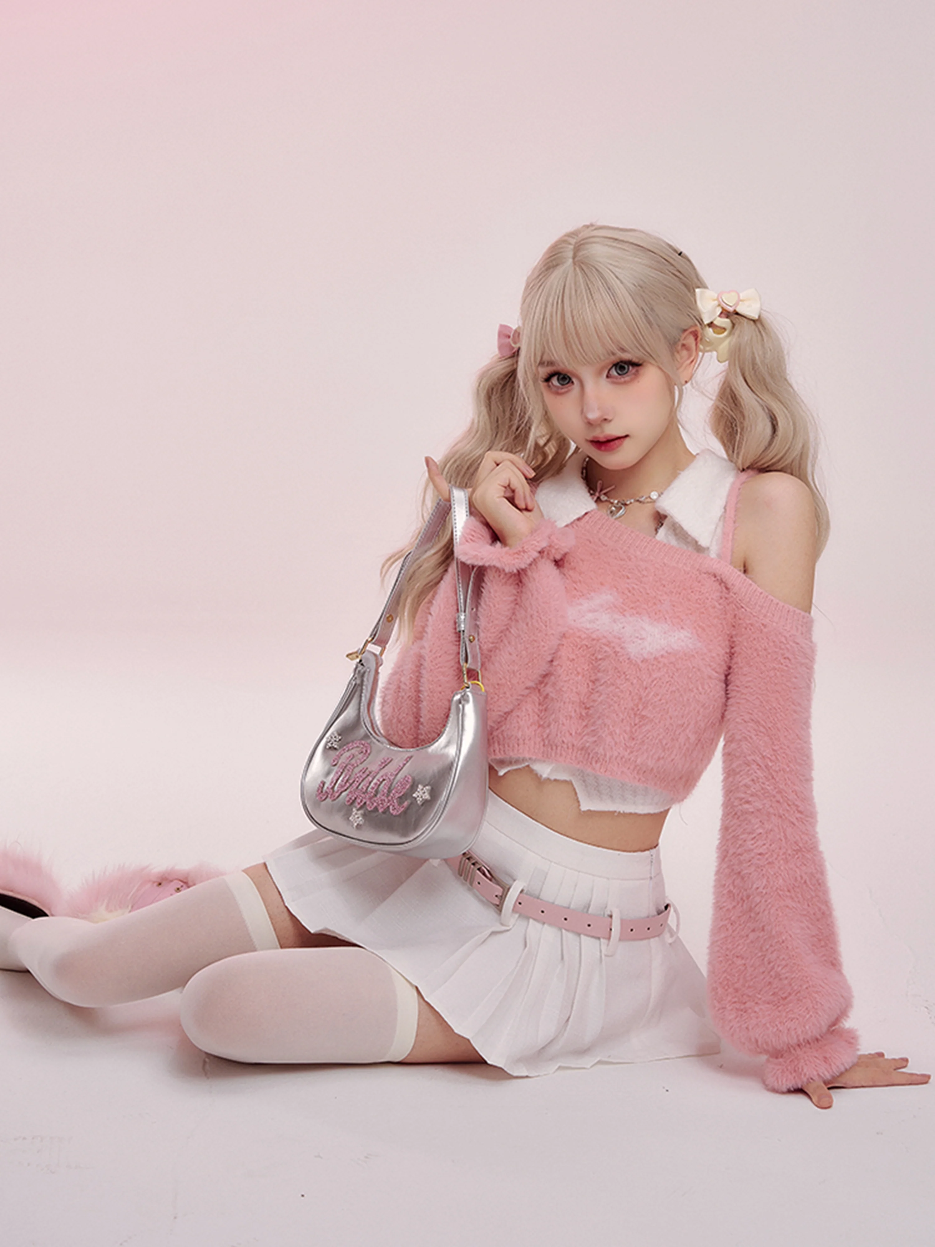 Serendipity Autumn Ice Cream Berry Fuzzy Pink Sweater & White Top & Pleated Skirt Three Piece Set - Image 3