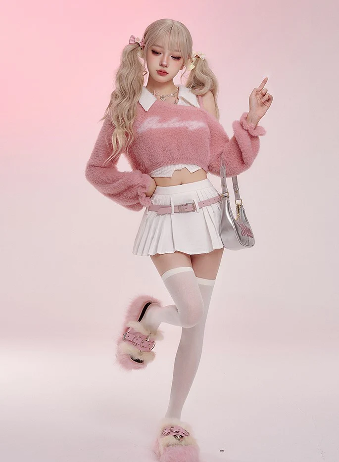 Serendipity Autumn Ice Cream Berry Fuzzy Pink Sweater & White Top & Pleated Skirt Three Piece Set - Image 4