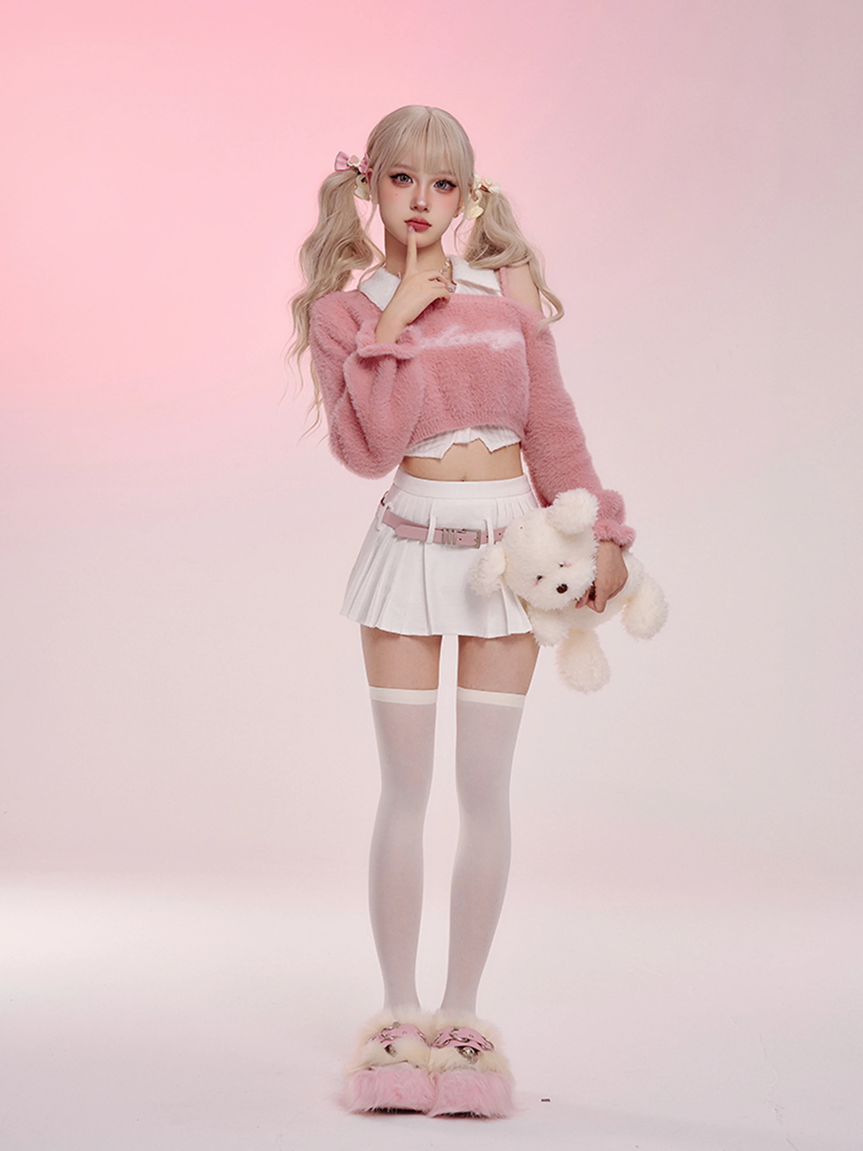 Serendipity Autumn Ice Cream Berry Fuzzy Pink Sweater & White Top & Pleated Skirt Three Piece Set - Image 6