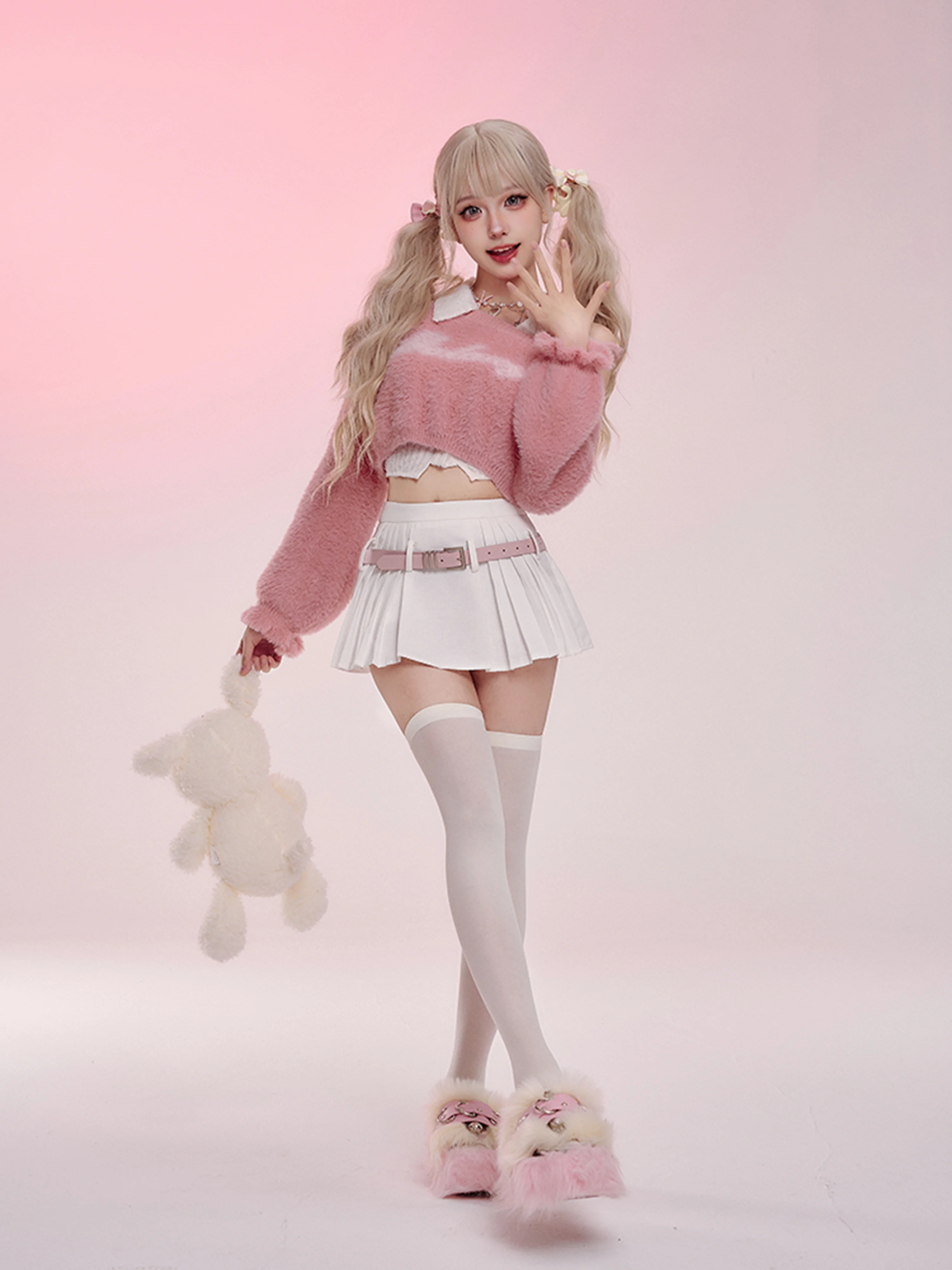 Serendipity Autumn Ice Cream Berry Fuzzy Pink Sweater & White Top & Pleated Skirt Three Piece Set - Image 7