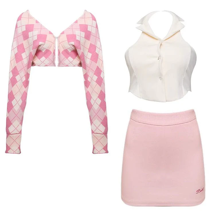 Serendipity Autumn Pink Argyle Jacket & Cream Halter Neck Top & Mini Skirt Three Piece Set - Image 2