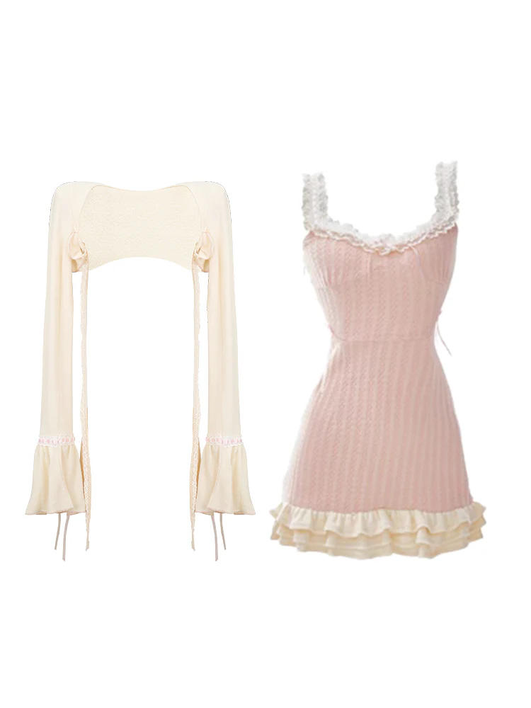Serendipity Autumn Tea Break Pink Lace Strap Dress & Beige Cardigan Two Piece Set - Image 2