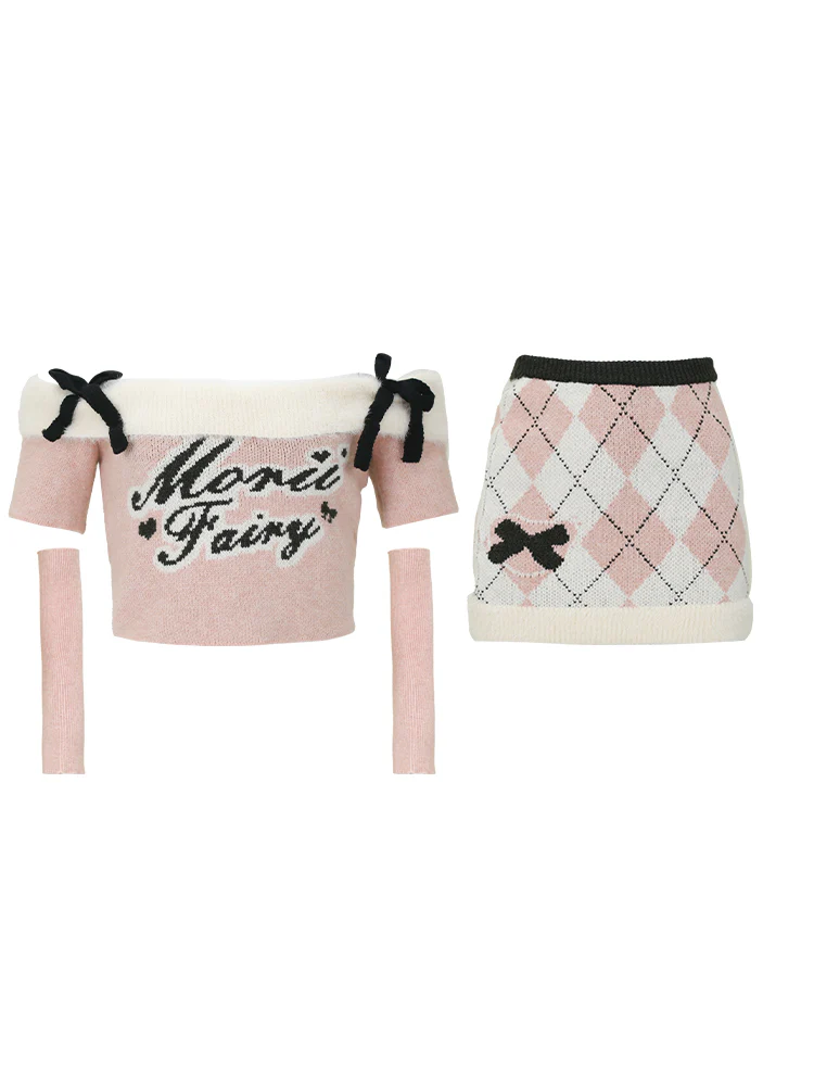 Serendipity Autumn Winter Pink Off Shoulder Knit Sweater & White Argyle Mini Skirt Two Piece Set - Image 2