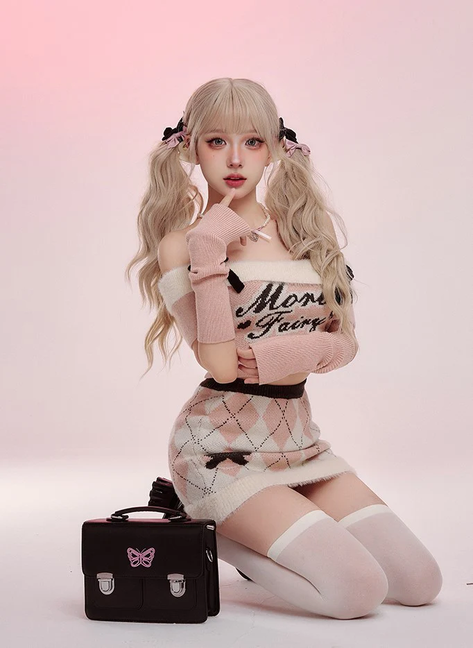 Serendipity Autumn Winter Pink Off Shoulder Knit Sweater & White Argyle Mini Skirt Two Piece Set - Image 3