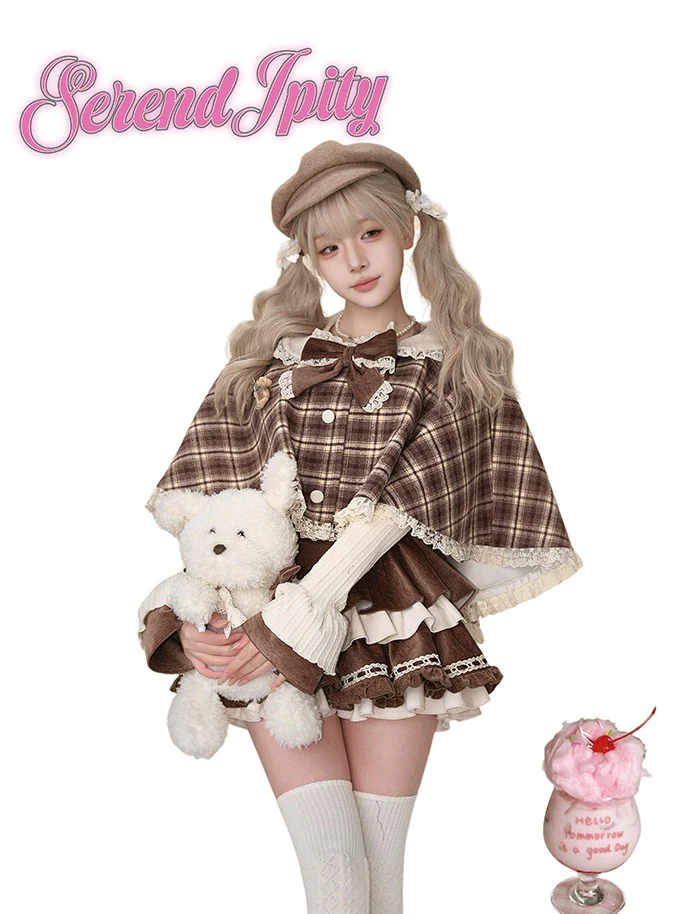 Serendipity Bear Mousse Brown Plaid Cape & Cream Top & Suspender Skirt Three Piece Set