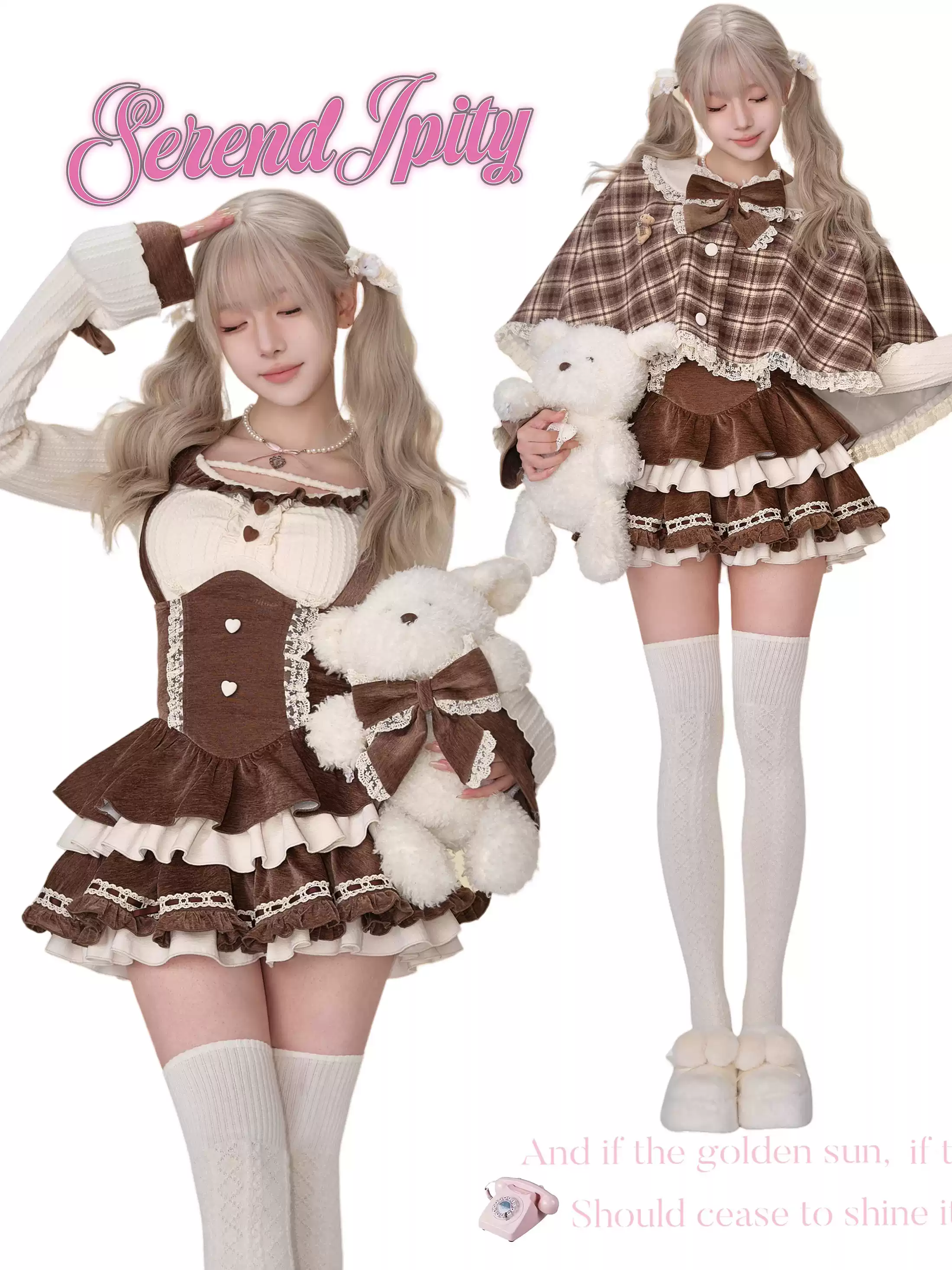 Serendipity Bear Mousse Brown Plaid Cape & Cream Top & Suspender Skirt Three Piece Set - Image 2