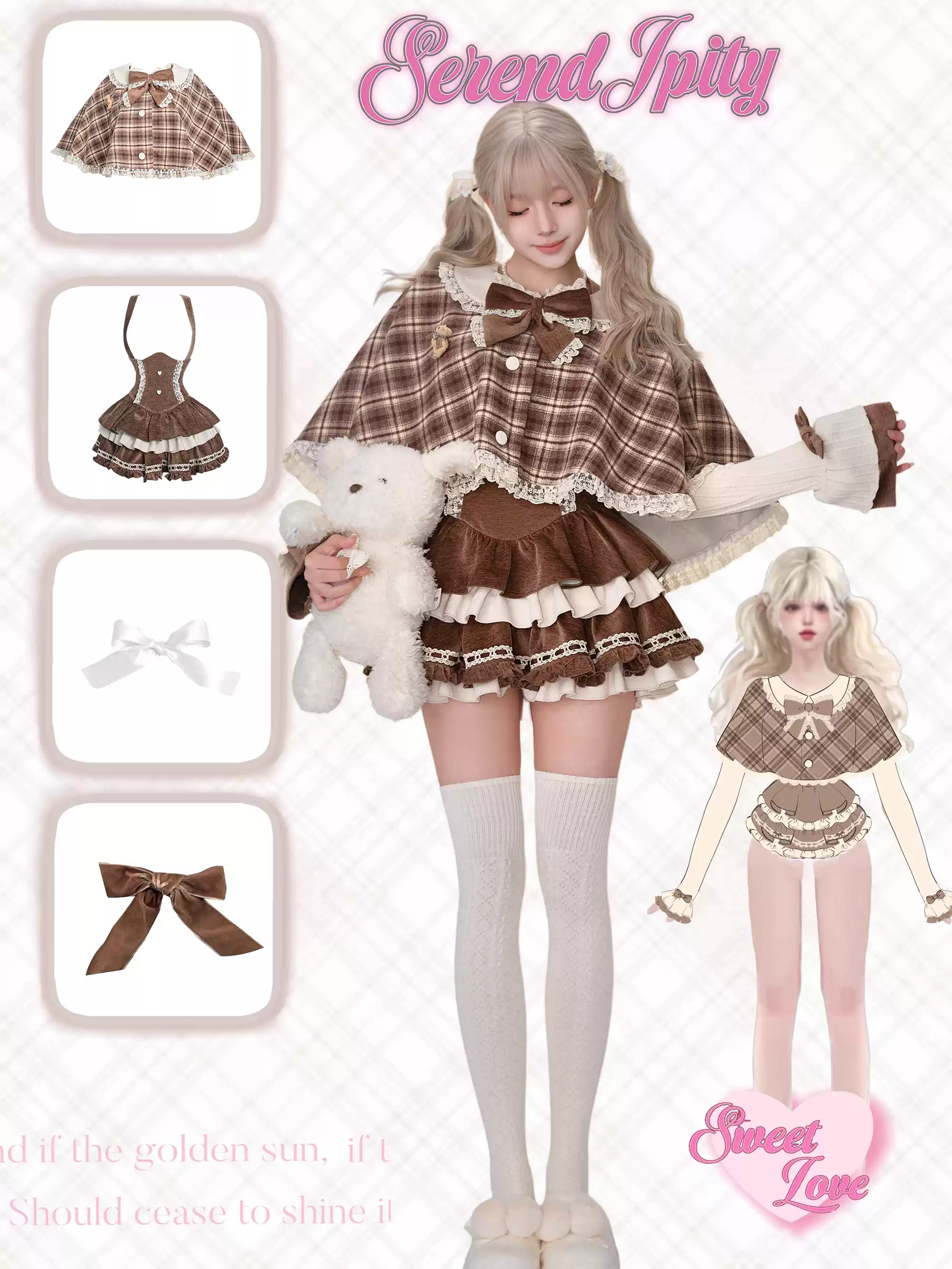 Serendipity Bear Mousse Brown Plaid Cape & Cream Top & Suspender Skirt Three Piece Set - Image 4