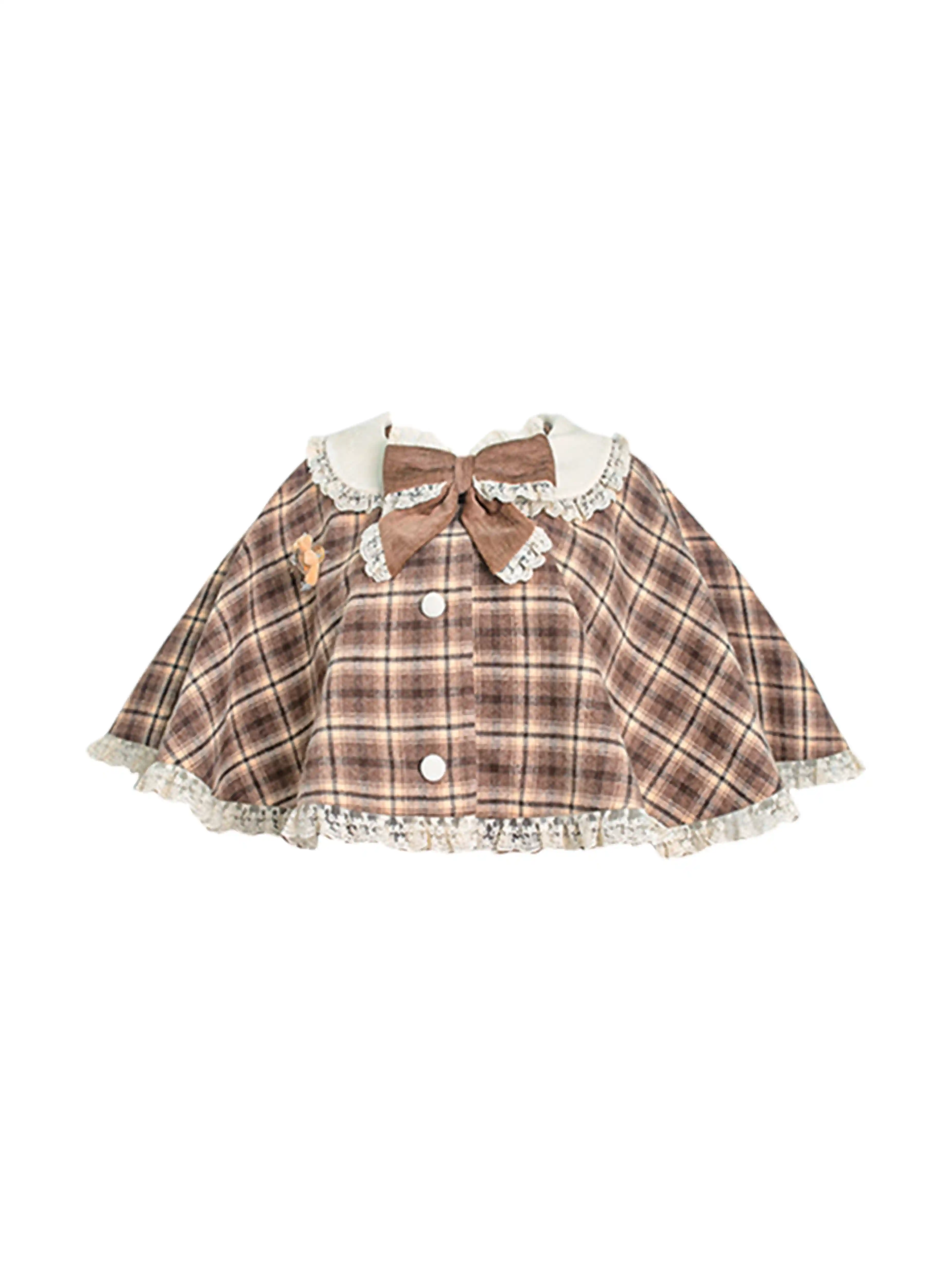 Serendipity Bear Mousse Brown Plaid Cape & Cream Top & Suspender Skirt Three Piece Set - Image 5