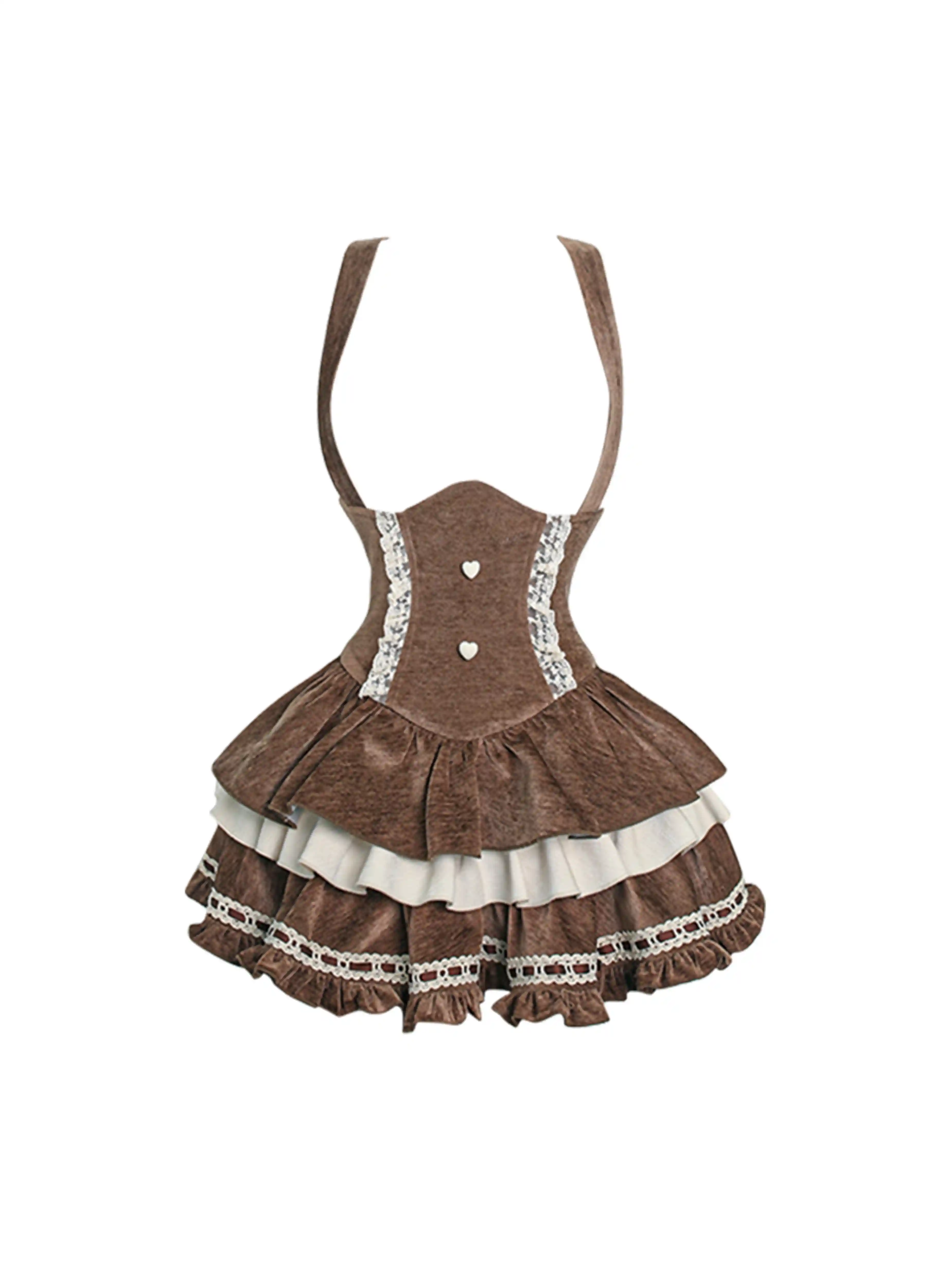 Serendipity Bear Mousse Brown Plaid Cape & Cream Top & Suspender Skirt Three Piece Set - Image 7