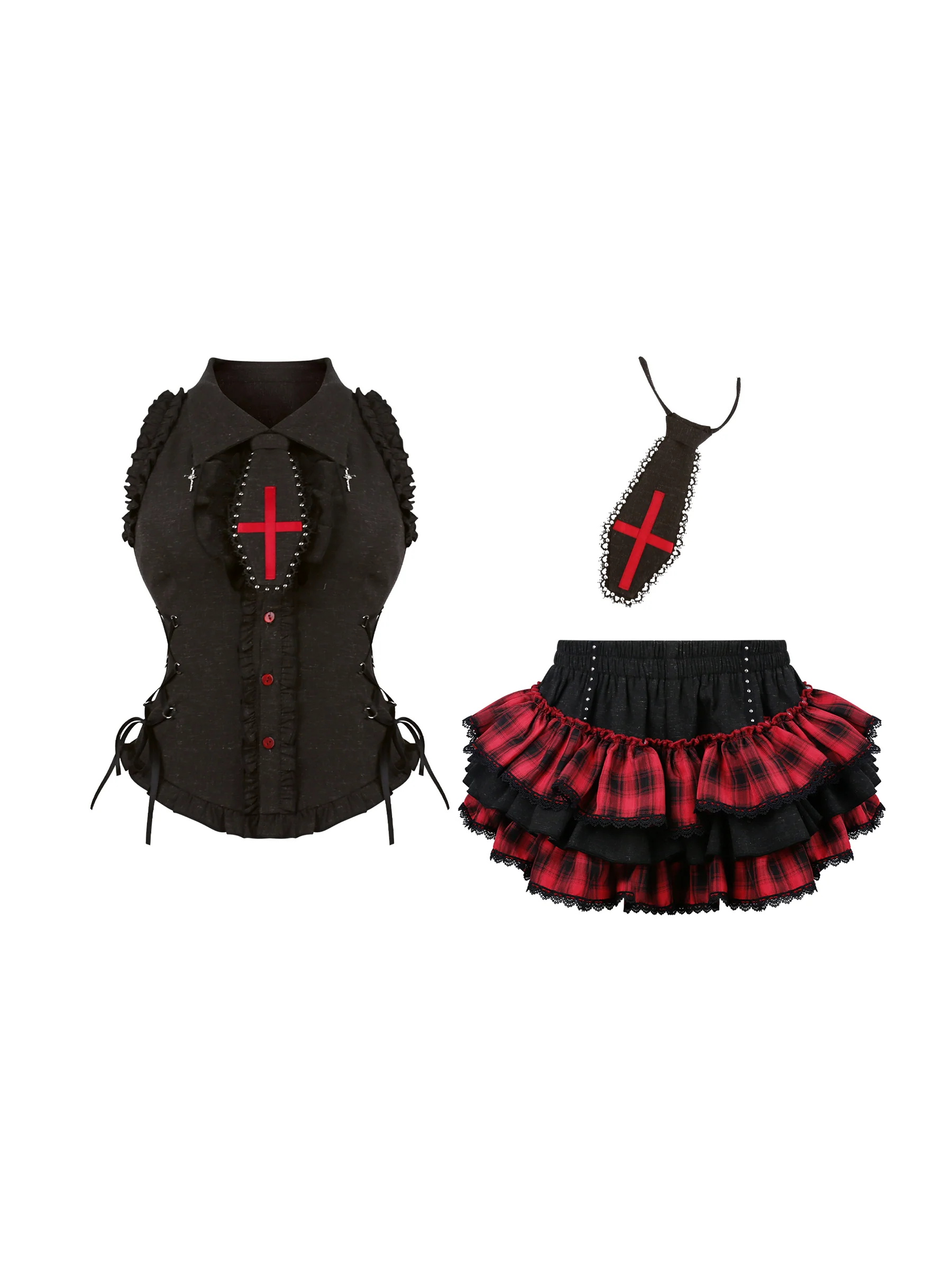 Serendipity Blood Dream Black Top & Red Skirt Two Piece Set - Image 2