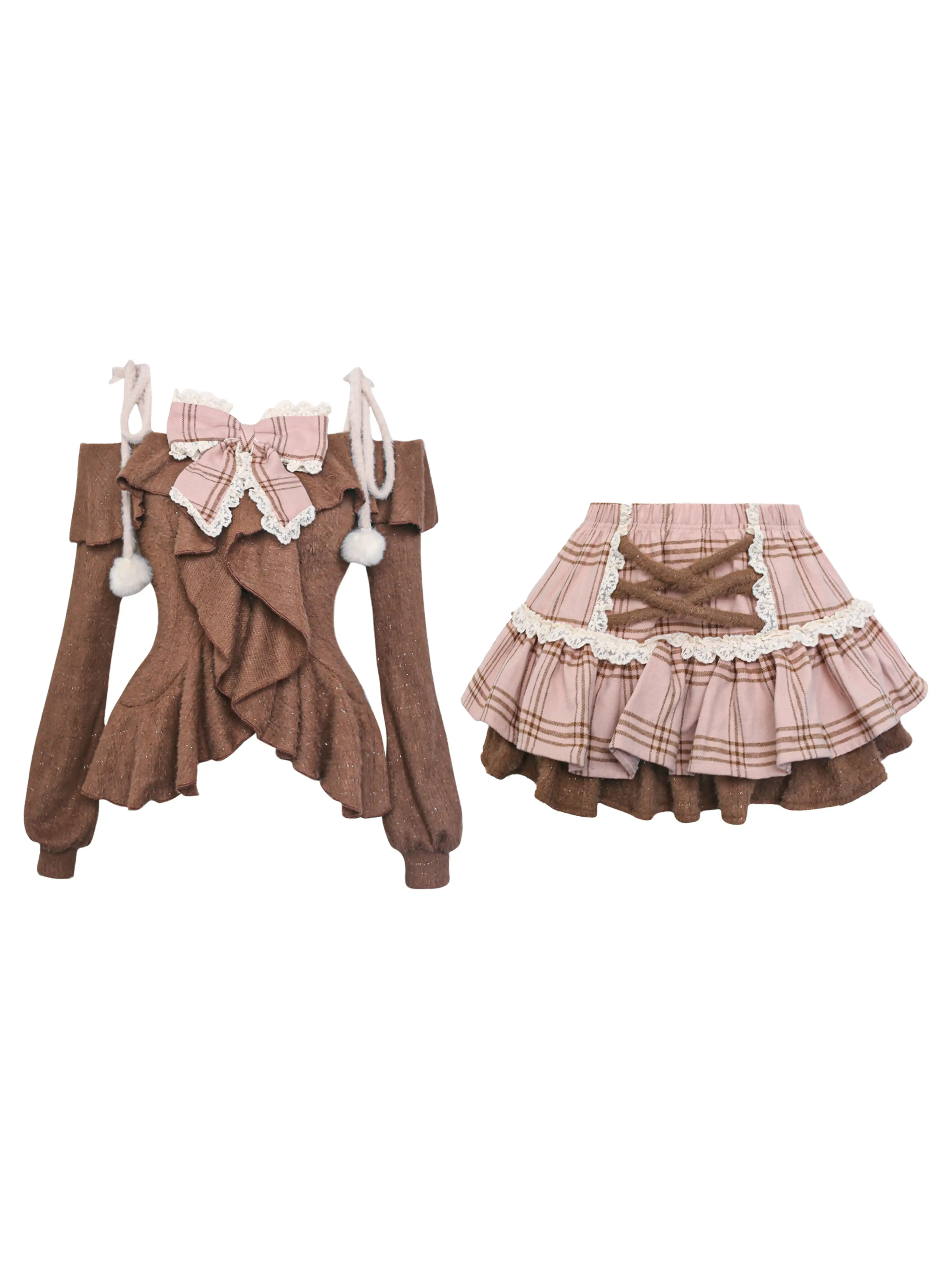 Serendipity Caramel Cocoa Brown Top Pink Skirt Two Piece Set - Image 2
