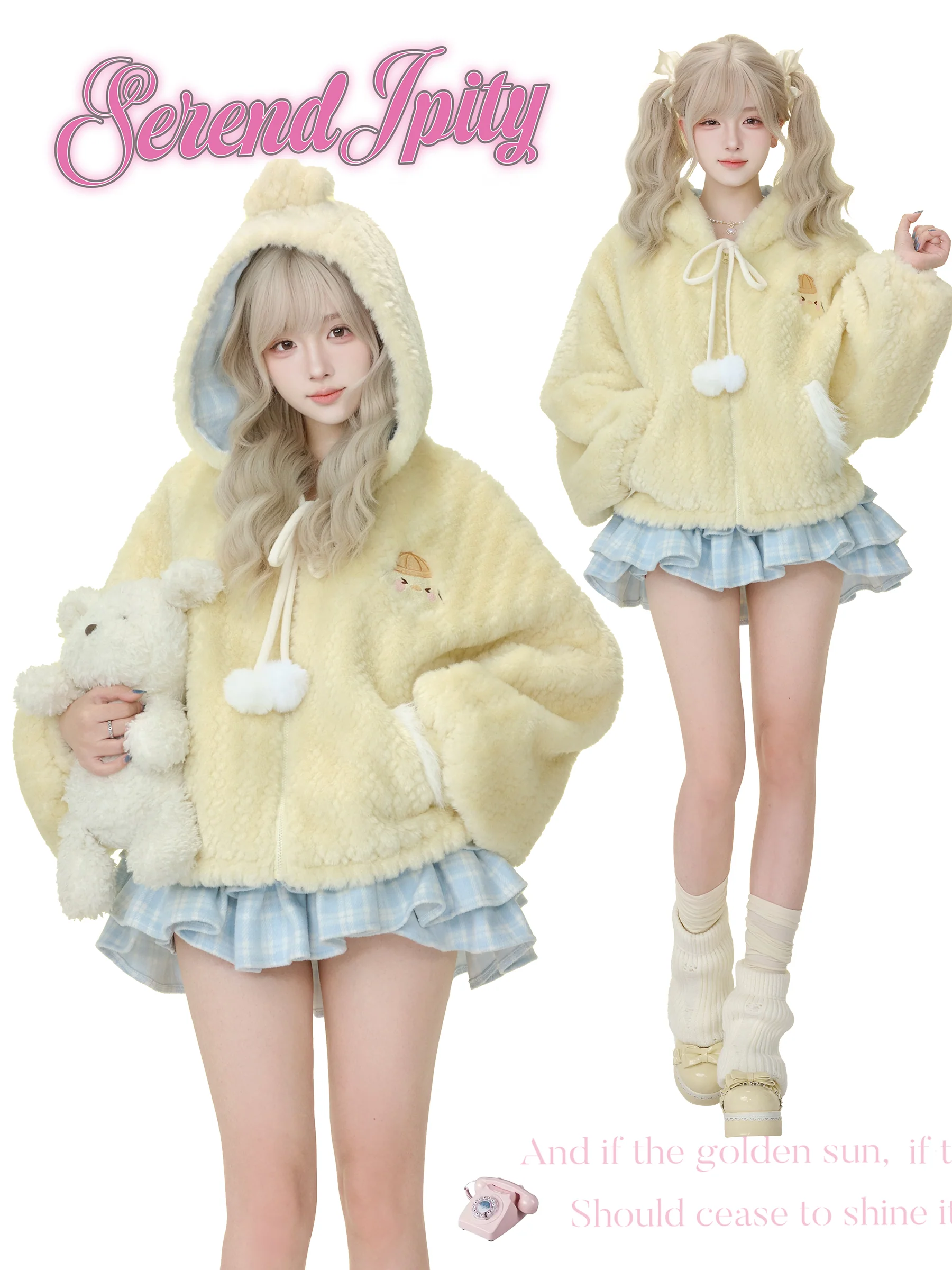 Serendipity Chick Custard Pudding Yellow Hoodie Blue Skirt Two Piece Set
