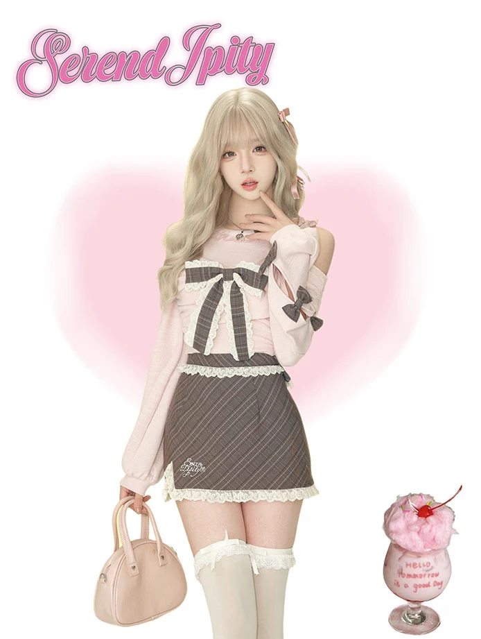 Serendipity Chocolate Dance Pink Sweater Top Plaid Skirt Two Piece Set