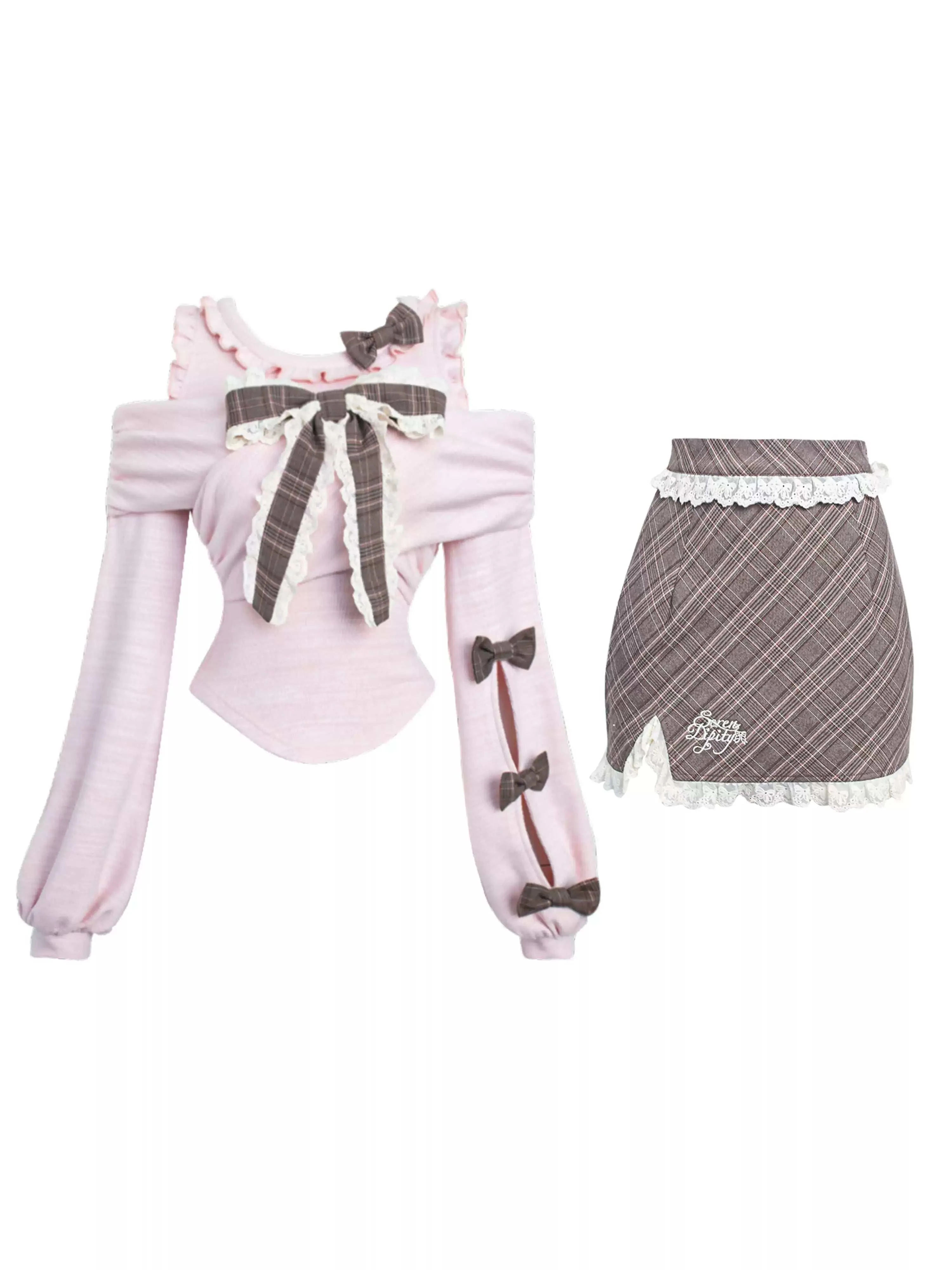 Serendipity Chocolate Dance Pink Sweater Top Plaid Skirt Two Piece Set - Image 2