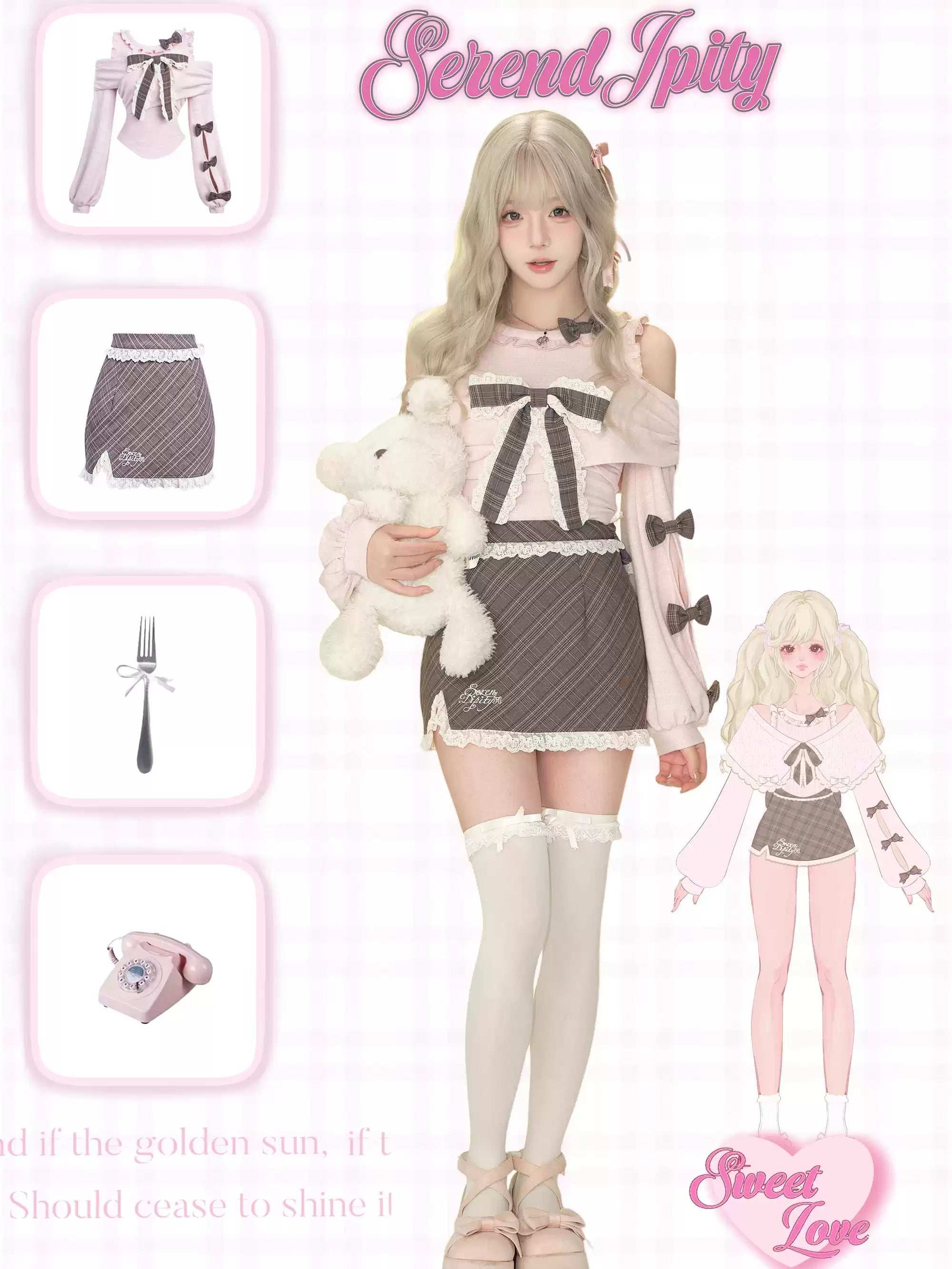 Serendipity Chocolate Dance Pink Sweater Top Plaid Skirt Two Piece Set - Image 5