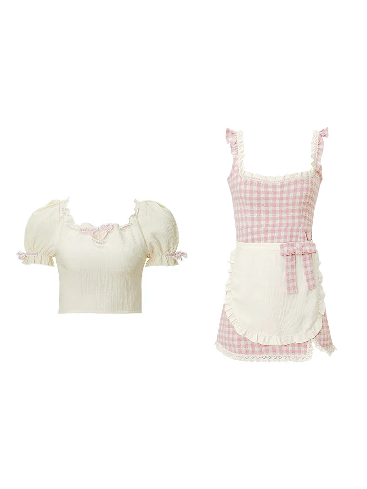 Serendipity Coquette Sweet Girl Cream Puff Sleeve Shirt & Plaid Pink Suspender Strap Dress Apron Maid Two Piece Set - Image 2