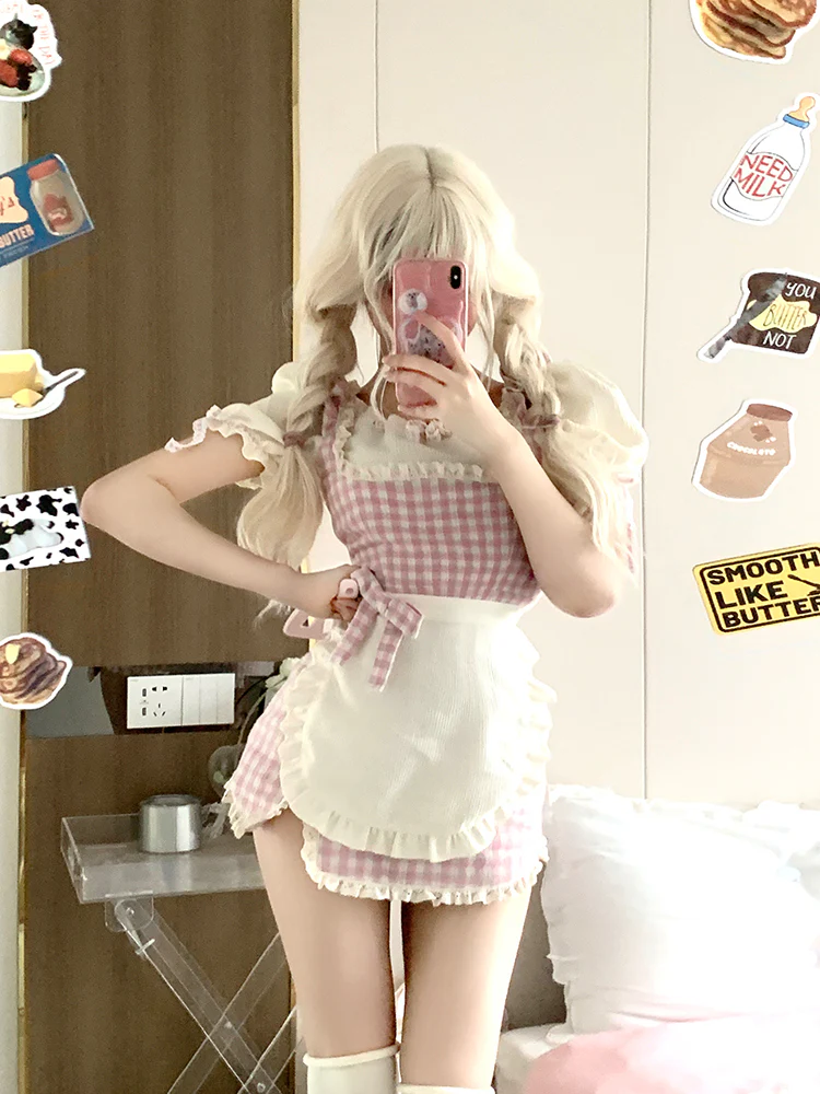 Serendipity Coquette Sweet Girl Cream Puff Sleeve Shirt & Plaid Pink Suspender Strap Dress Apron Maid Two Piece Set - Image 4
