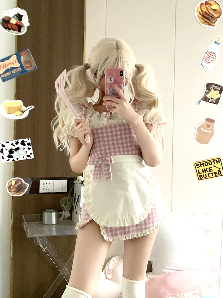 Serendipity Coquette Sweet Girl Cream Puff Sleeve Shirt & Plaid Pink Suspender Strap Dress Apron Maid Two Piece Set - Image 5