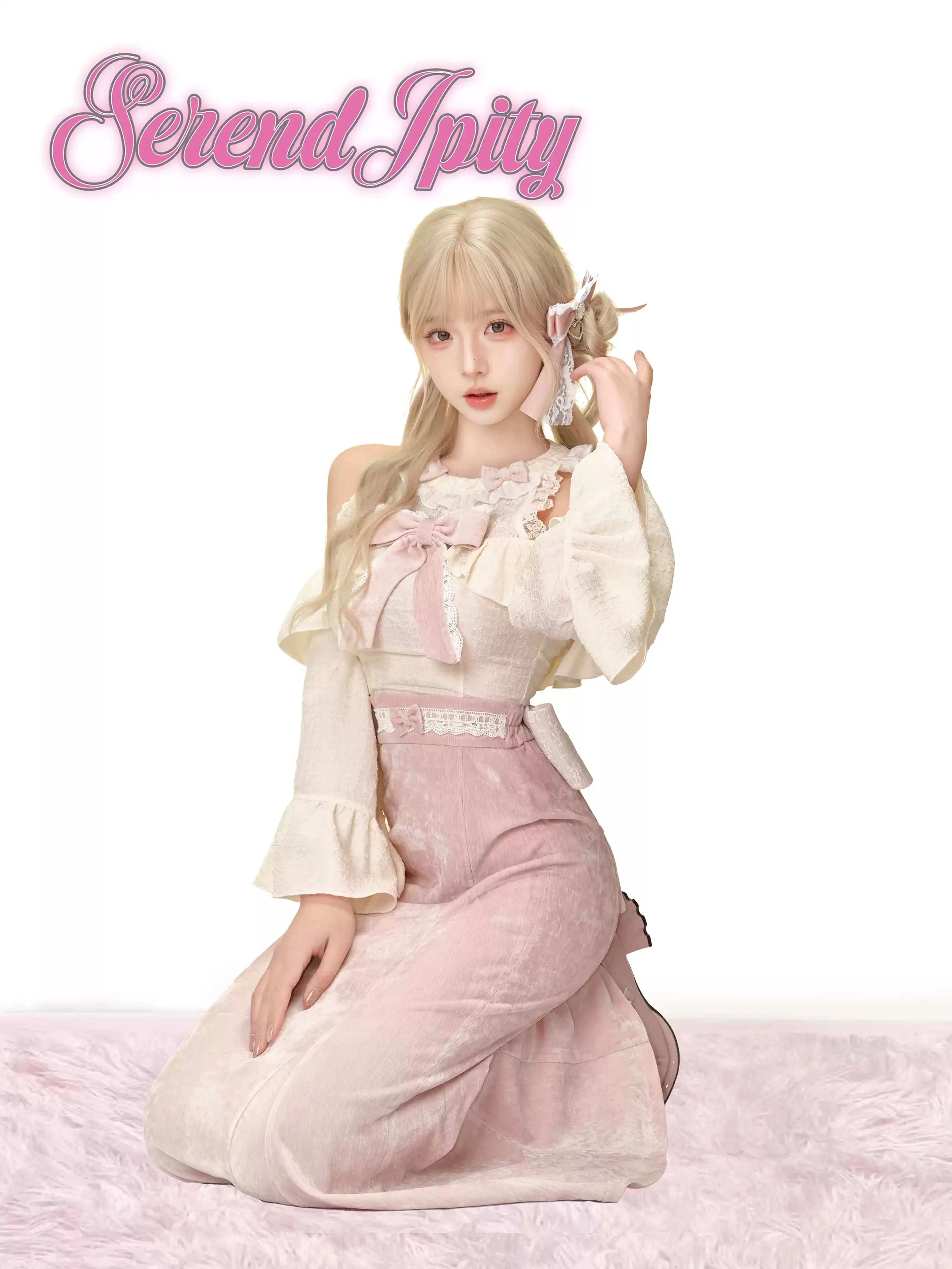 Serendipity Daily Style Velvet Sweet Tea Cream Top & Long Pink Skirt Two Piece Set