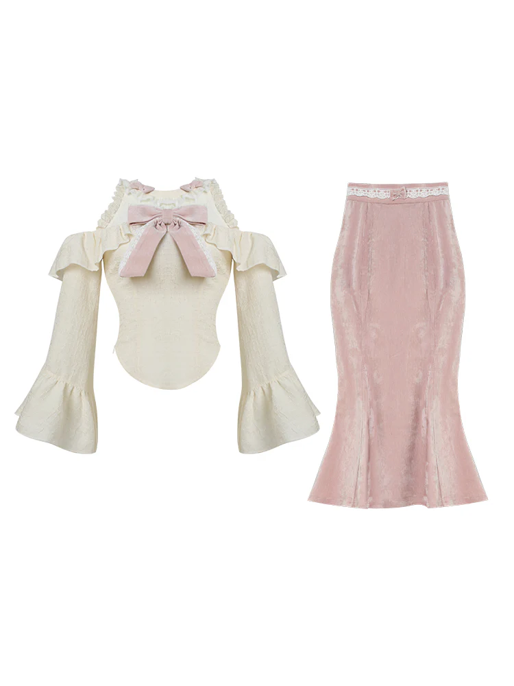 Serendipity Daily Style Velvet Sweet Tea Cream Top & Long Pink Skirt Two Piece Set - Image 2