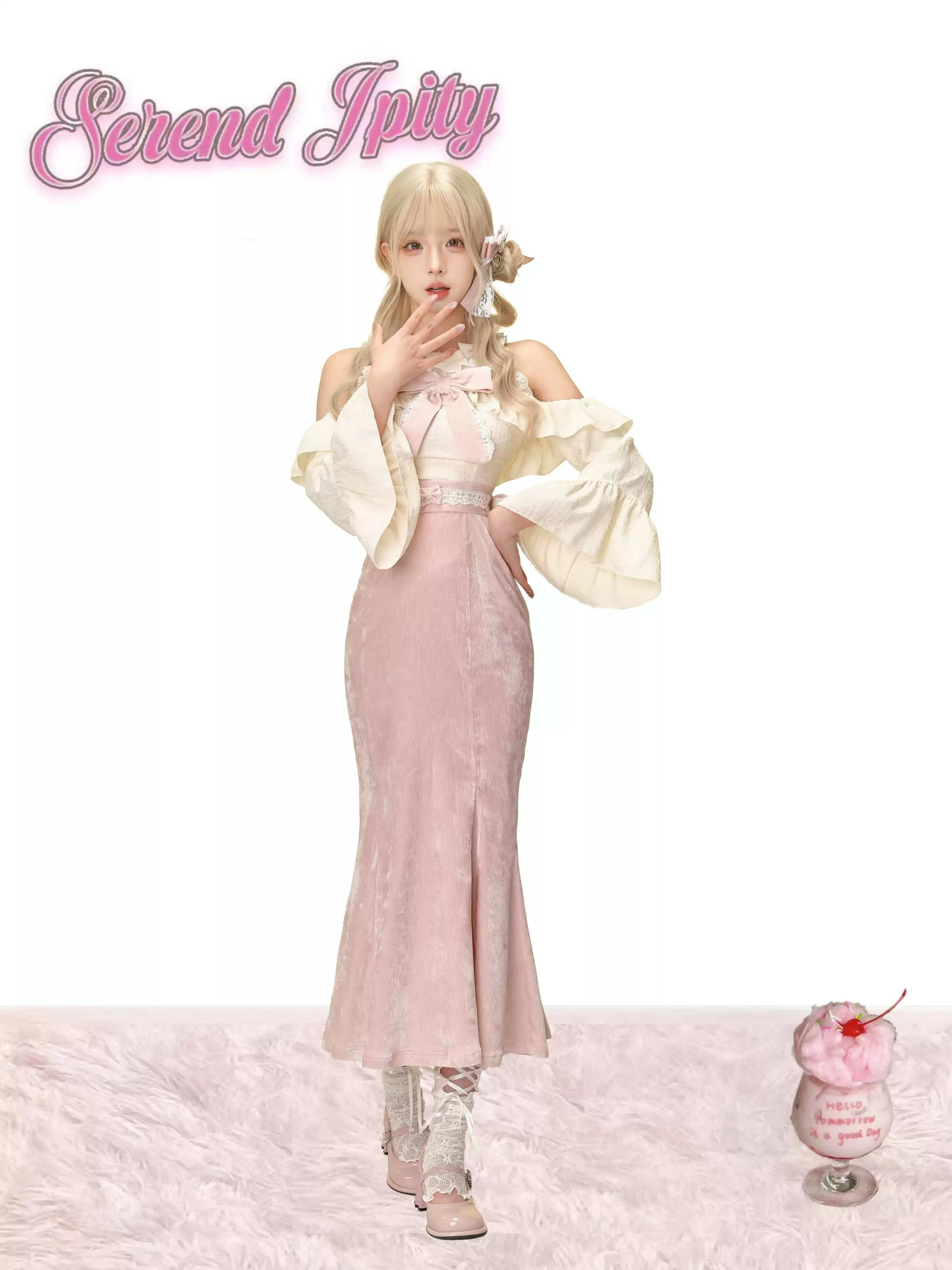 Serendipity Daily Style Velvet Sweet Tea Cream Top & Long Pink Skirt Two Piece Set - Image 3