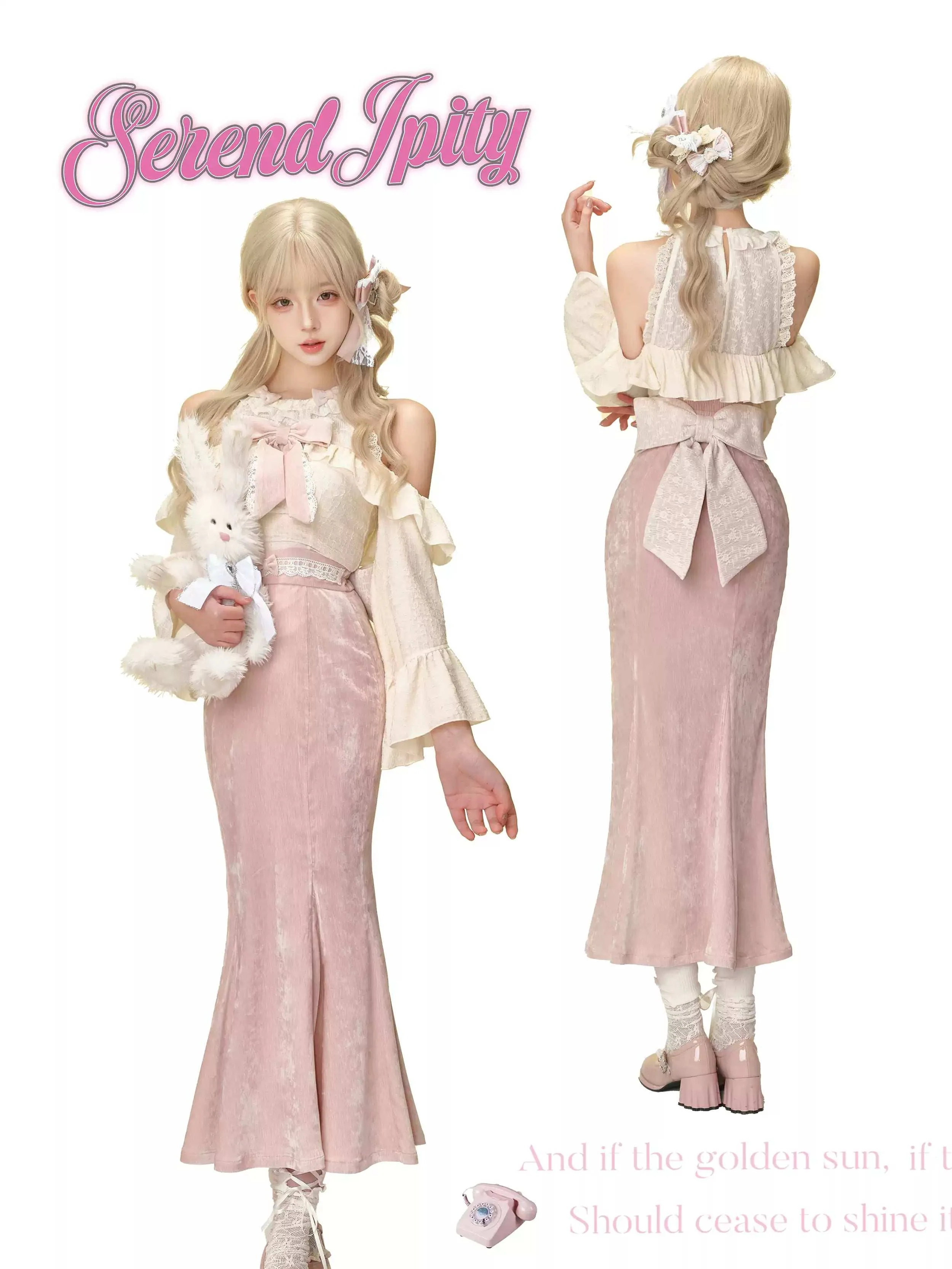 Serendipity Daily Style Velvet Sweet Tea Cream Top & Long Pink Skirt Two Piece Set - Image 4
