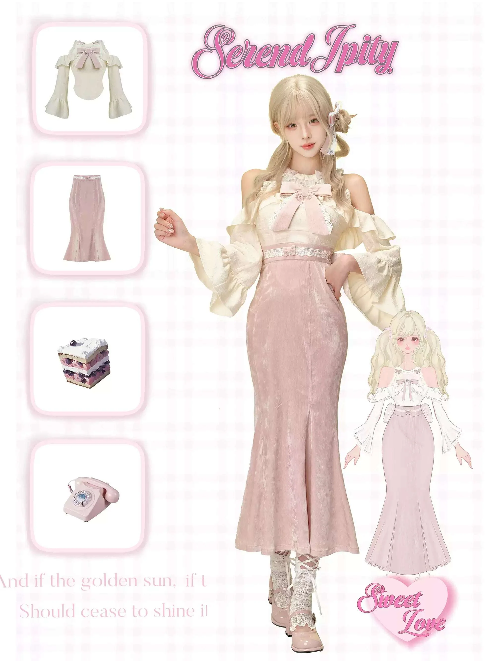 Serendipity Daily Style Velvet Sweet Tea Cream Top & Long Pink Skirt Two Piece Set - Image 5