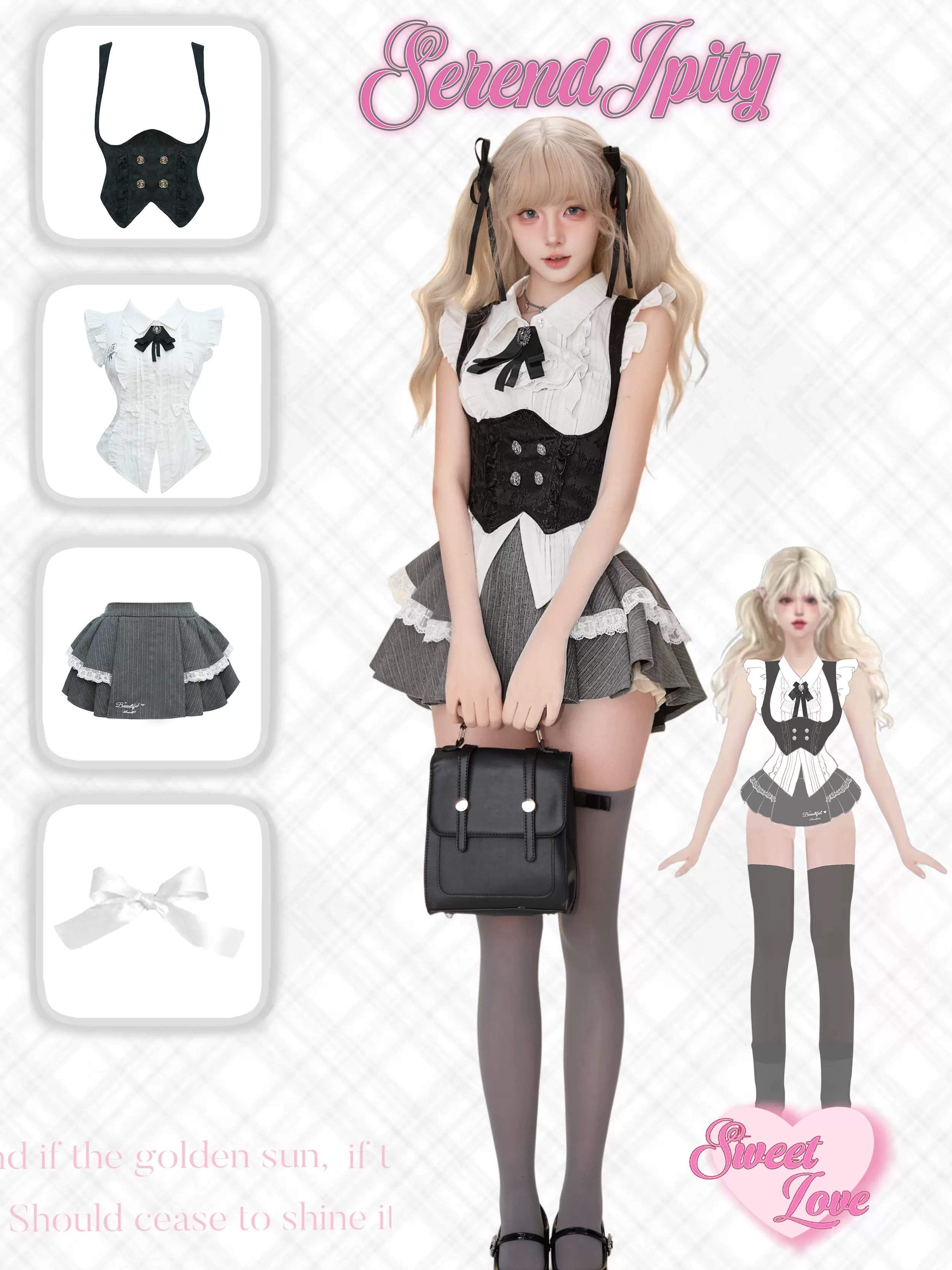 Serendipity Faculty Miss Lisa White Blouse & Black Vest & Gray Skirt Three Piece Set - Image 5