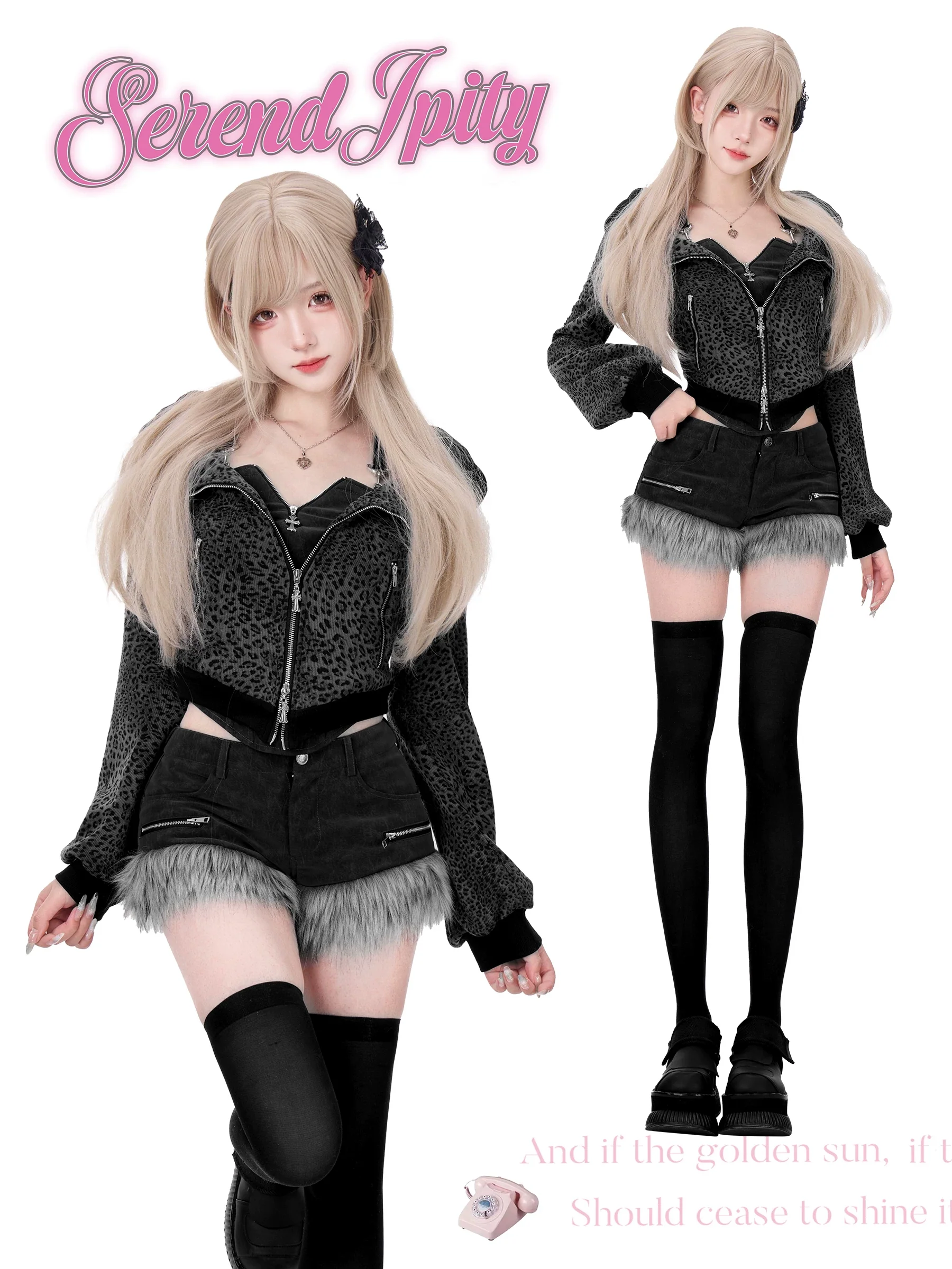 Serendipity Gray Mist Leopard Black Jacket Cami Shorts Three Piece Set - Image 3