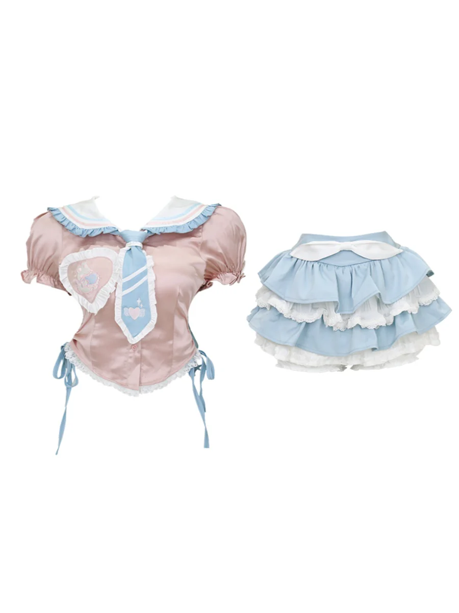 Serendipity Heartbeat Gummy Pink Blue Seifuku Sailor Collar Shirt Top & Skirt Two Piece Set - Image 2