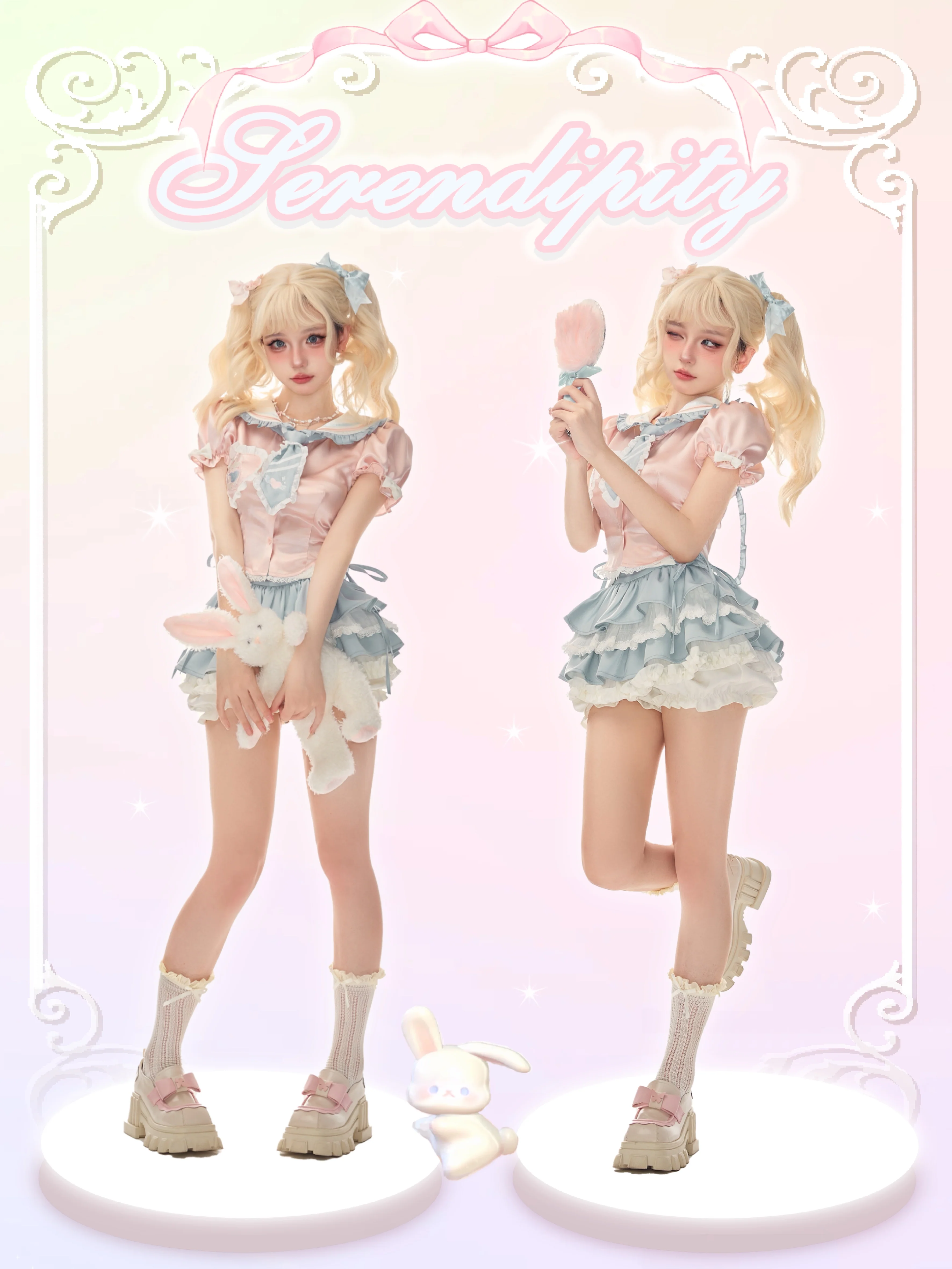 Serendipity Heartbeat Gummy Pink Blue Seifuku Sailor Collar Shirt Top & Skirt Two Piece Set - Image 5