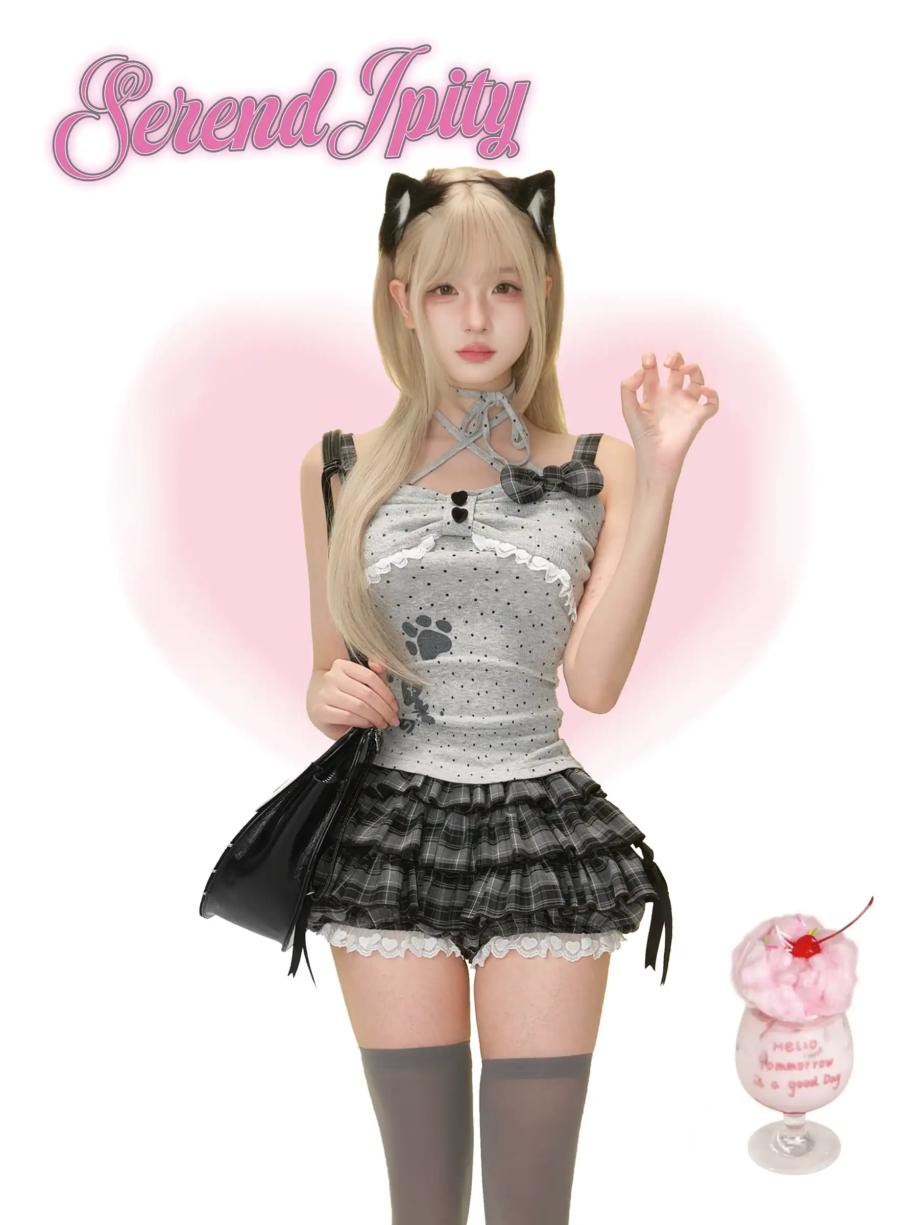 Serendipity Homey Cute Meow Gray Cami Black Bloomers Two Piece Set