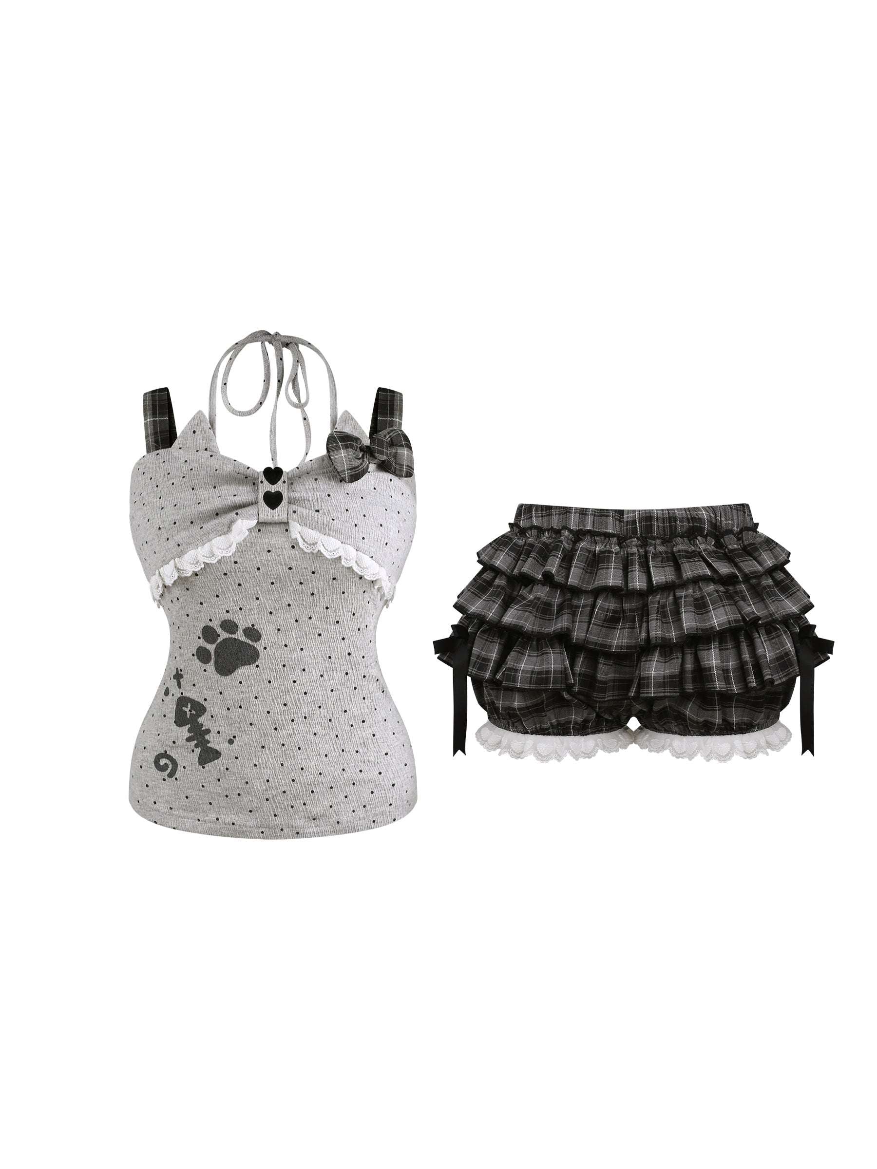 Serendipity Homey Cute Meow Gray Cami Black Bloomers Two Piece Set - Image 2