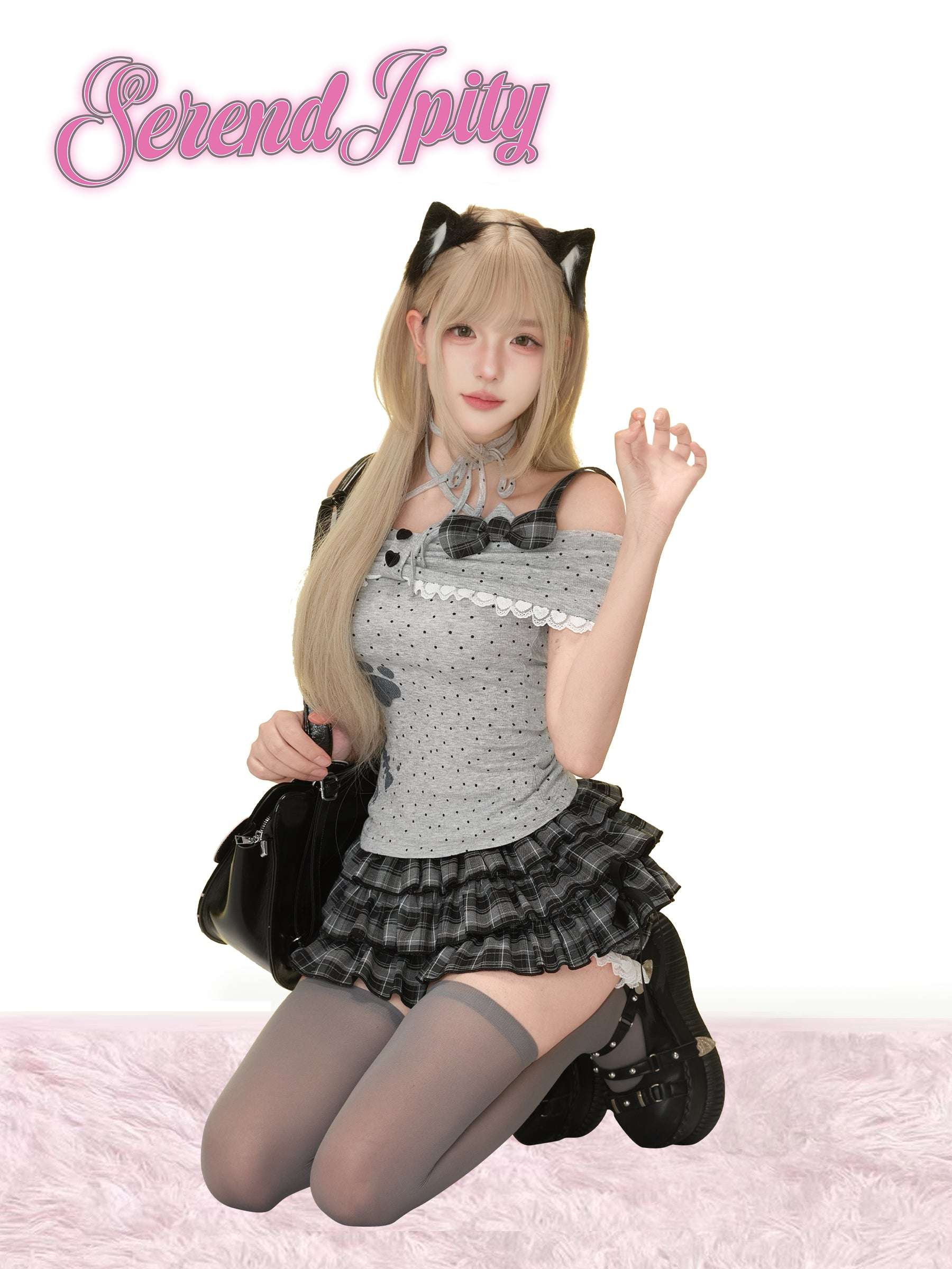 Serendipity Homey Cute Meow Gray Cami Black Bloomers Two Piece Set - Image 3
