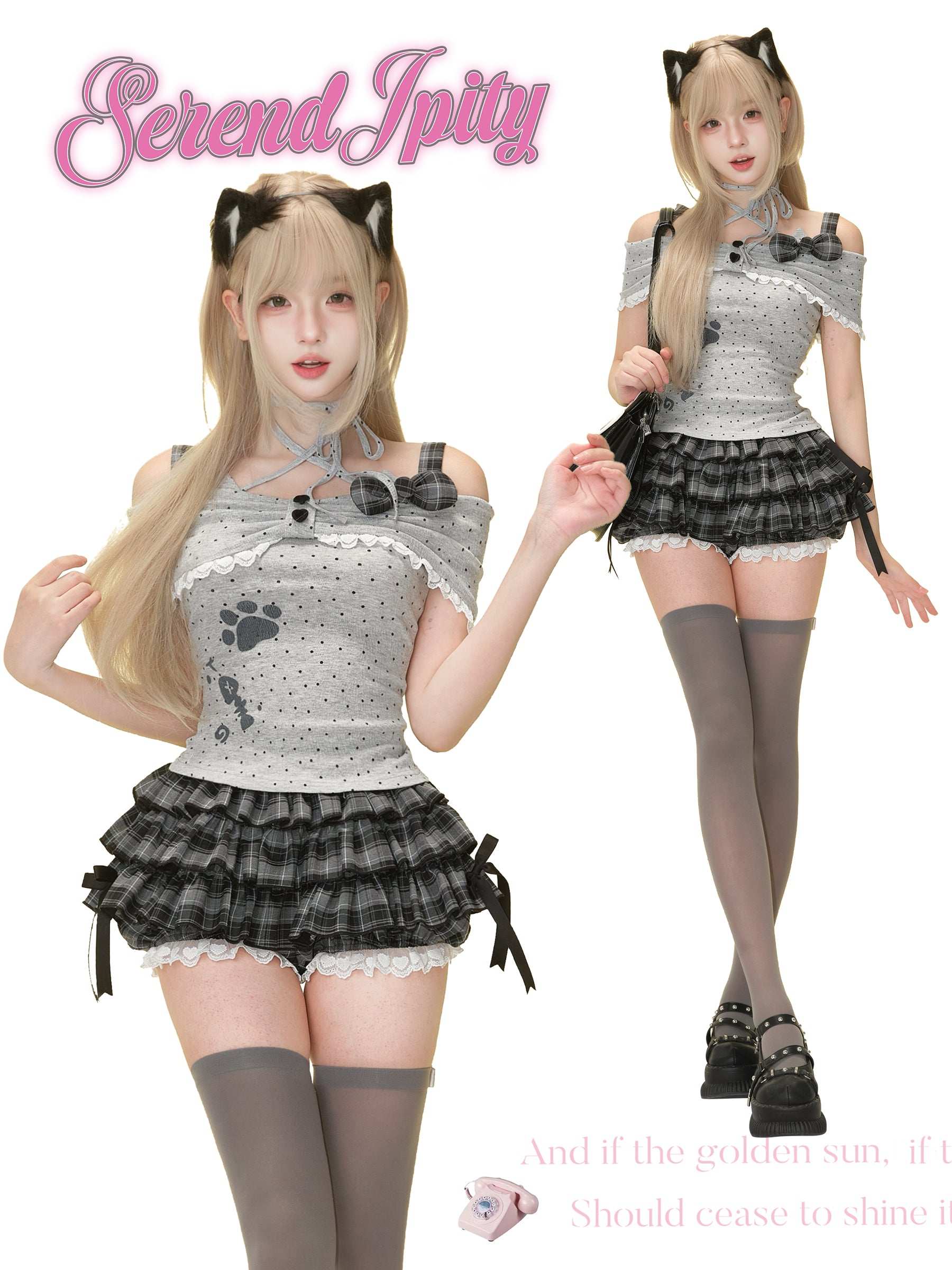 Serendipity Homey Cute Meow Gray Cami Black Bloomers Two Piece Set - Image 4
