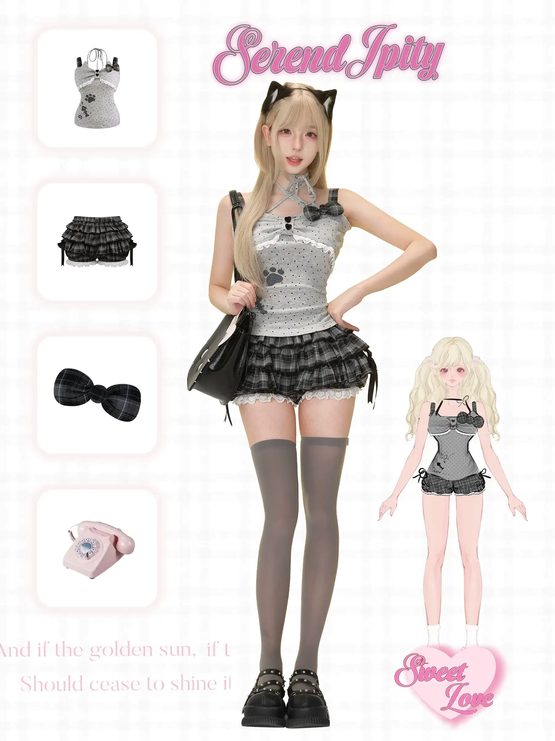 Serendipity Homey Cute Meow Gray Cami Black Bloomers Two Piece Set - Image 5