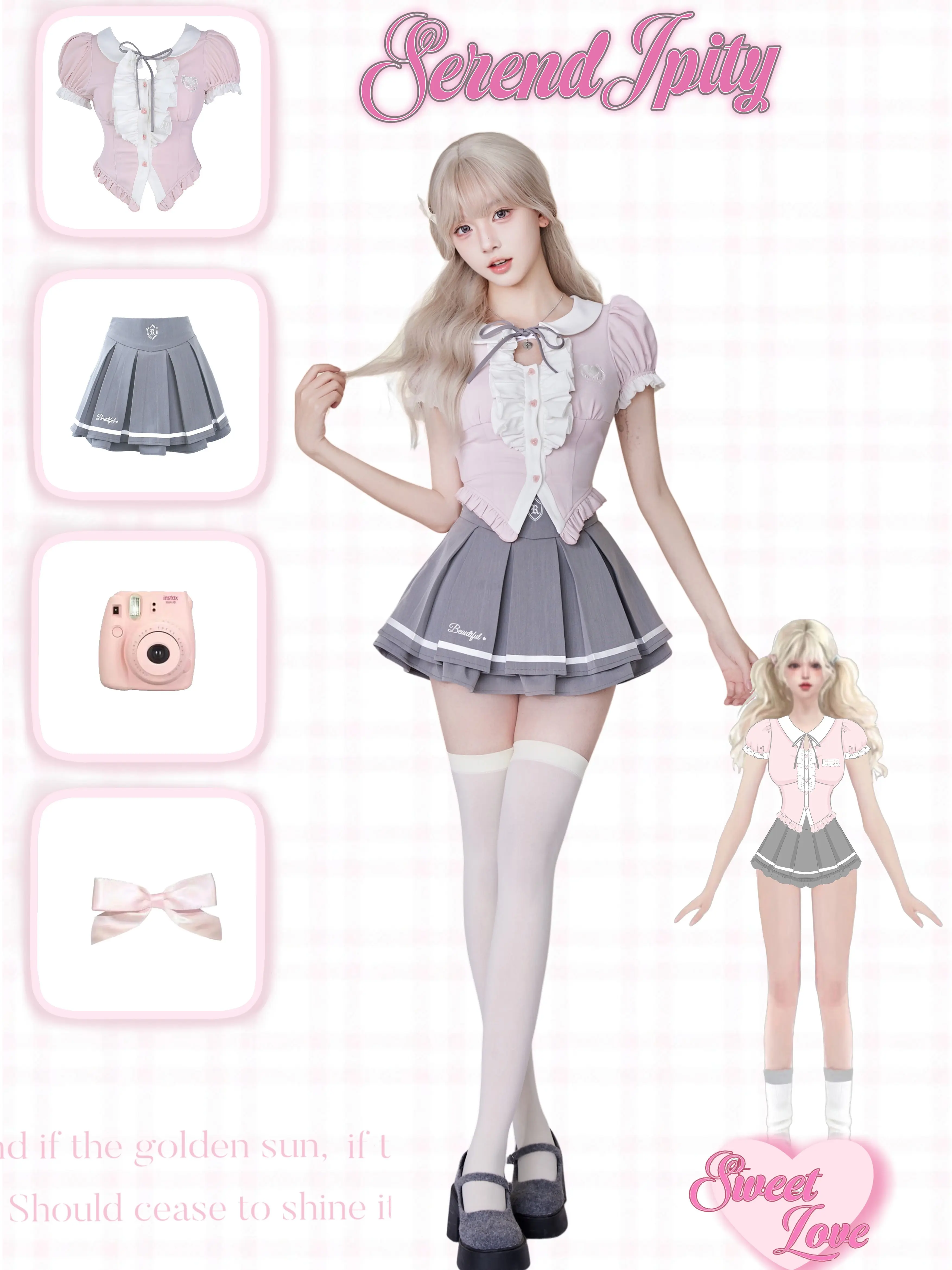 Serendipity Korean Academy Pink Top & Gray Pleated Skirt Two Piece Set - Image 5