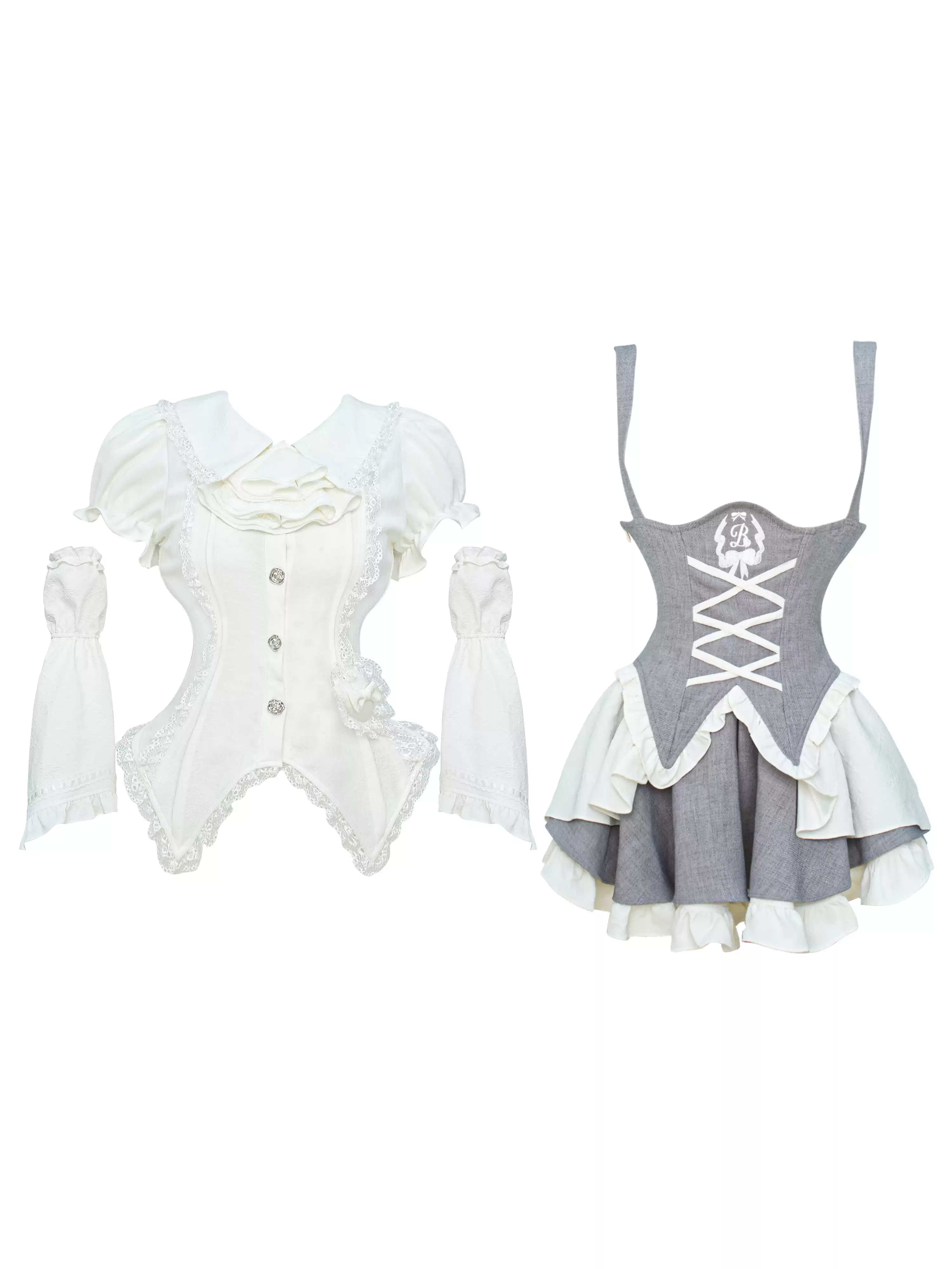 Serendipity Moonlight Puppet White Blouse Sleeves & Gray Skirt Overalls Three Piece Set - Image 2