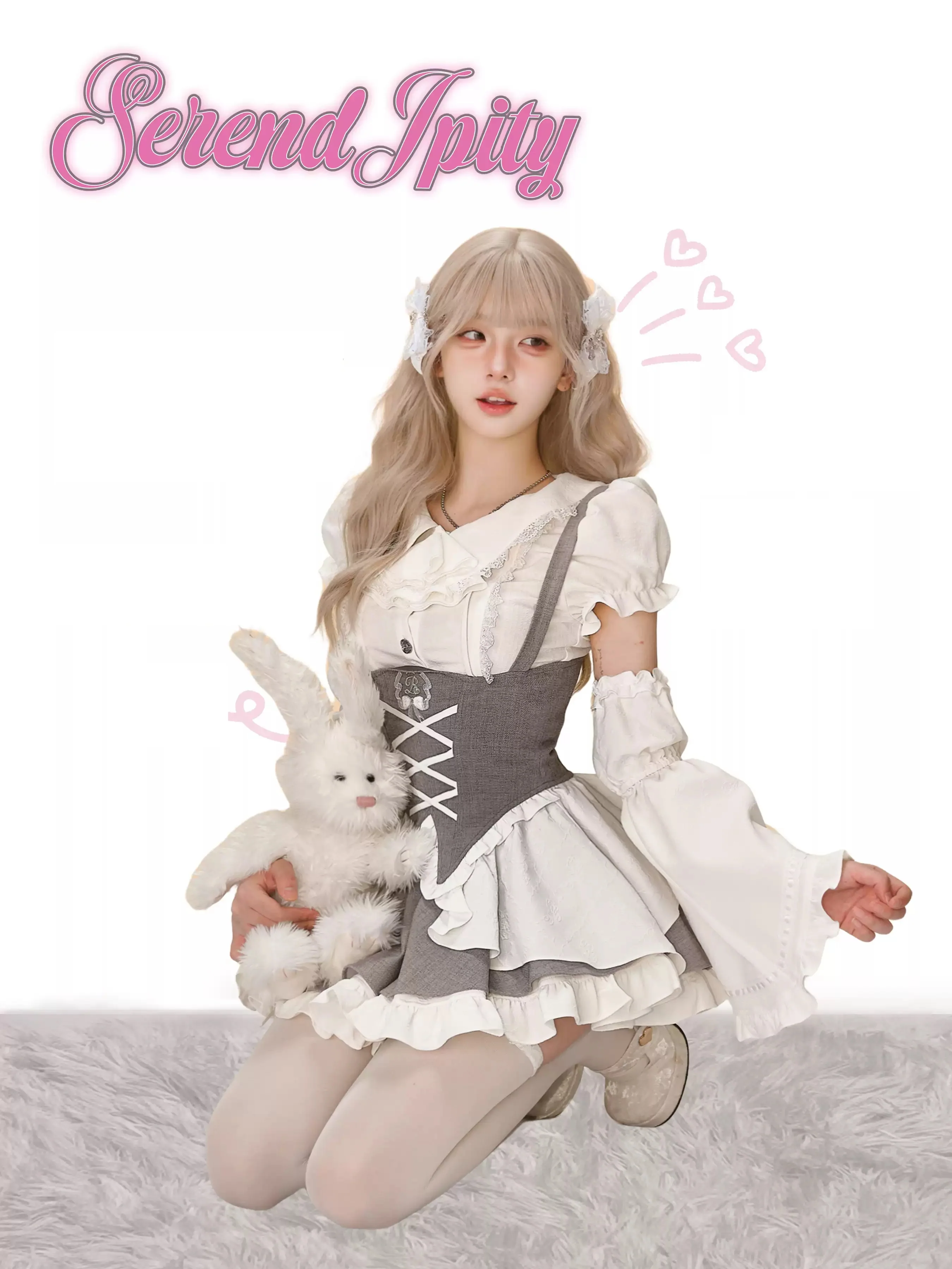 Serendipity Moonlight Puppet White Blouse Sleeves & Gray Skirt Overalls Three Piece Set - Image 4