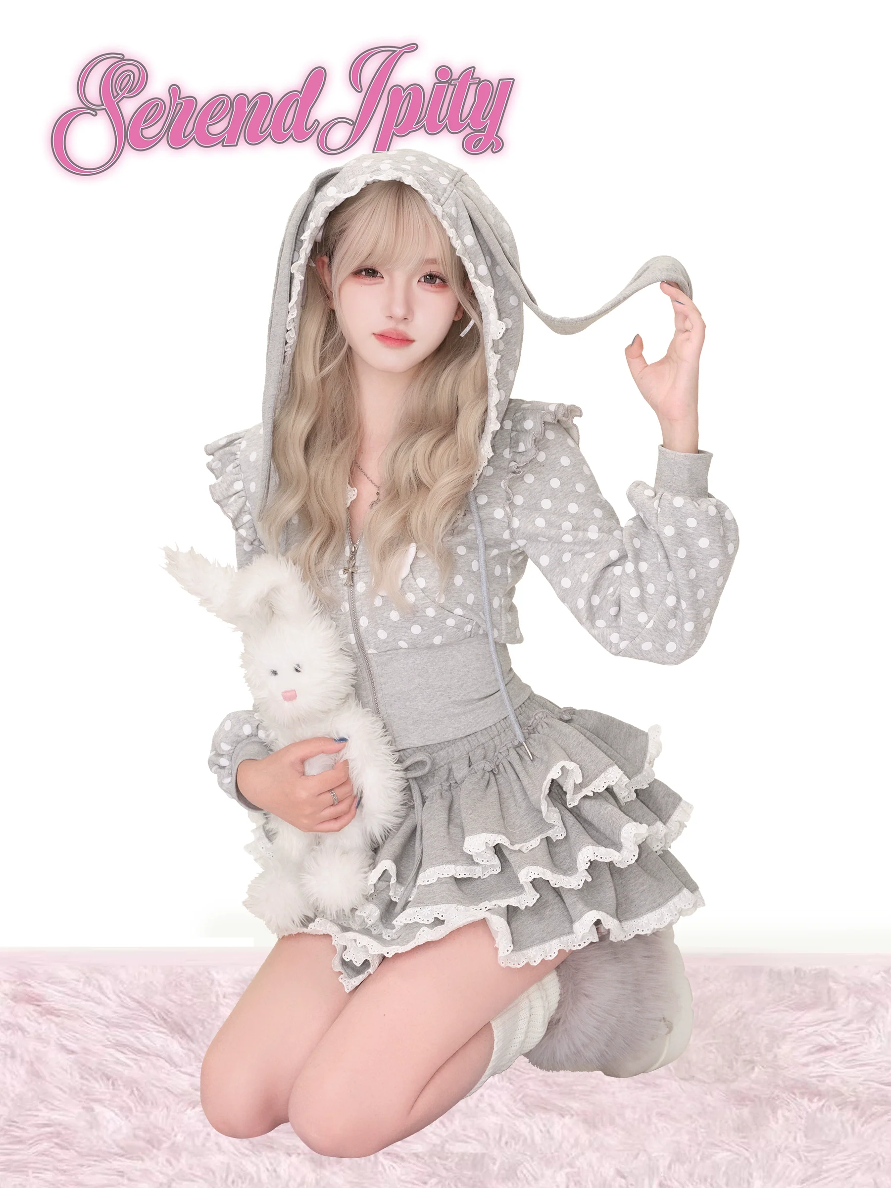Serendipity Polka Dot Bunny Gray Hoodie Skirt Two Piece Set - Image 2