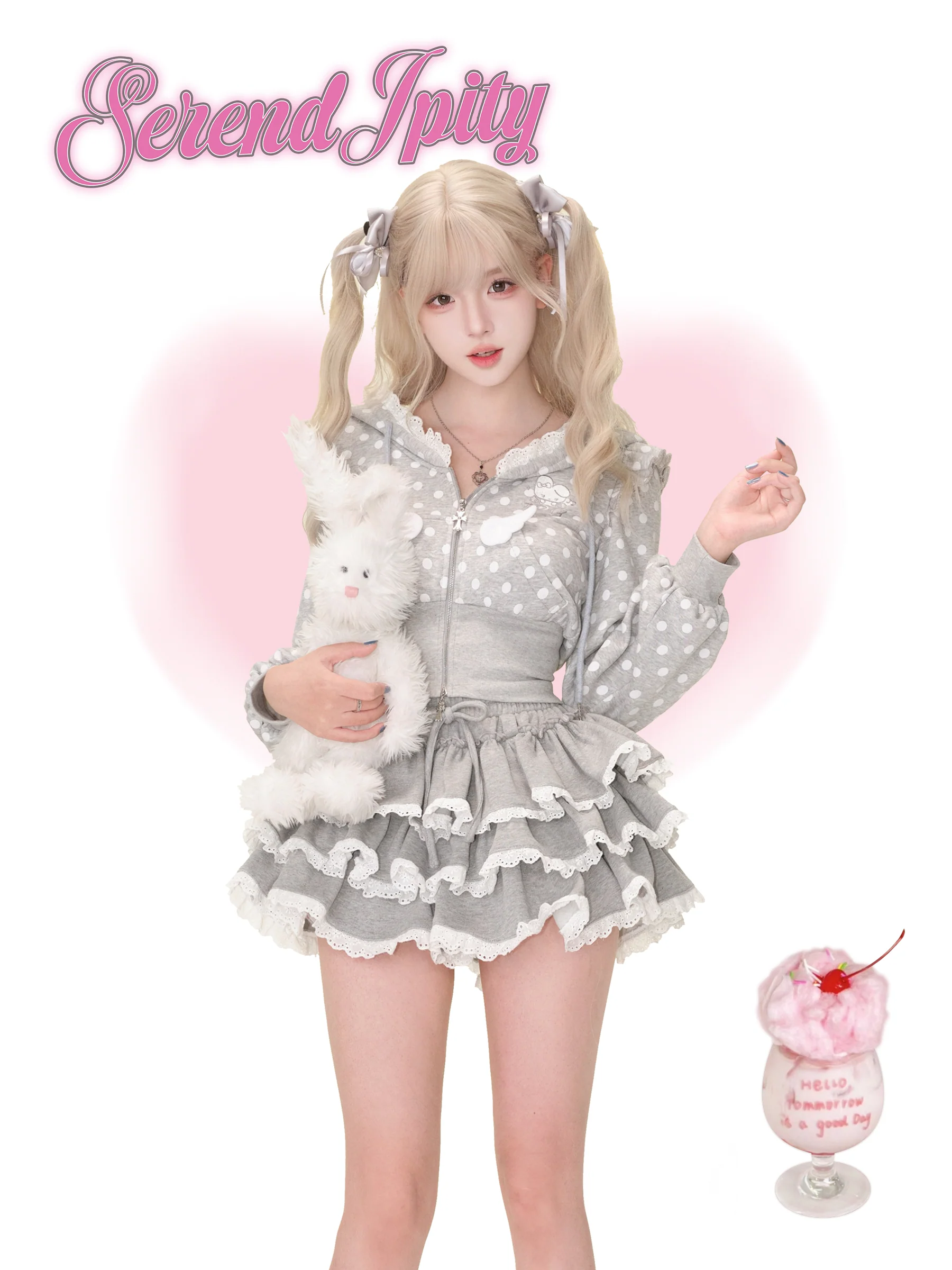 Serendipity Polka Dot Bunny Gray Hoodie Skirt Two Piece Set - Image 3