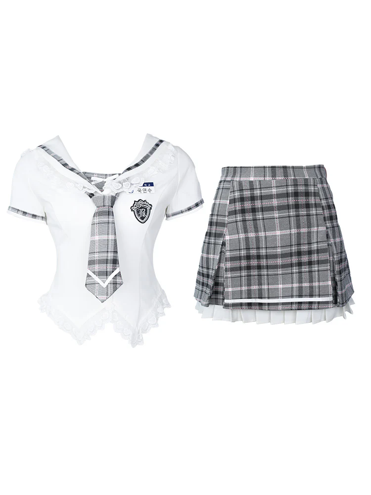 Serendipity Poly College White Shirt & Gray Plaid Skirt Two Piece Set - Image 2