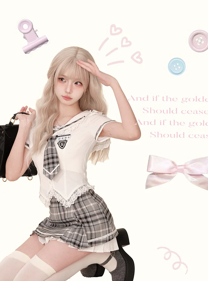 Serendipity Poly College White Shirt & Gray Plaid Skirt Two Piece Set - Image 3